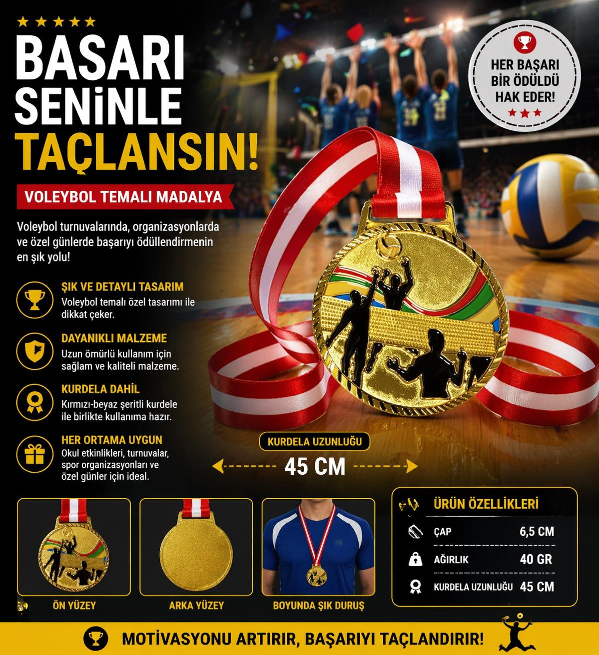 Avessa Mad-Vol-2 Voleybol Figürlü Madalya 6,5 Cm