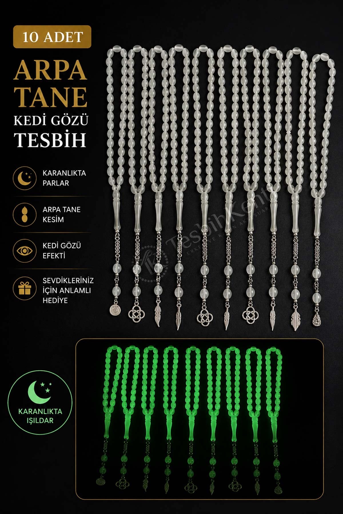 10 Adet Arpa Tane Kedi Gözü Tesbih - TesbihKenti