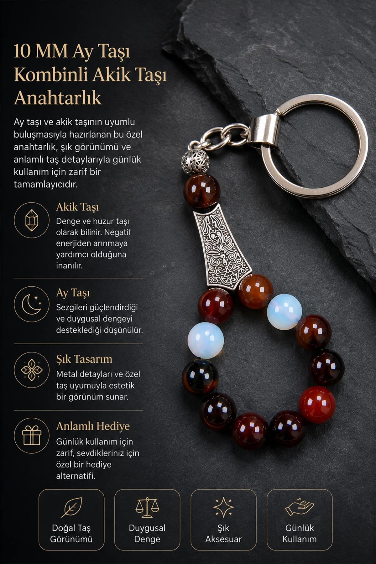 10 MM Ay Taşı Kombinli Akik Taşı Anahtarlık
