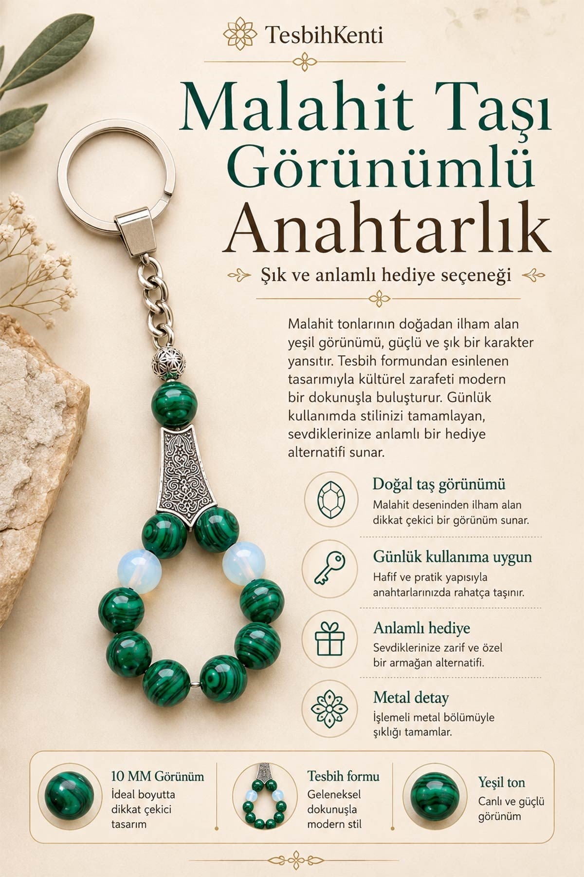 10 MM Malahit Taşı Görünümlü Anahtarlık