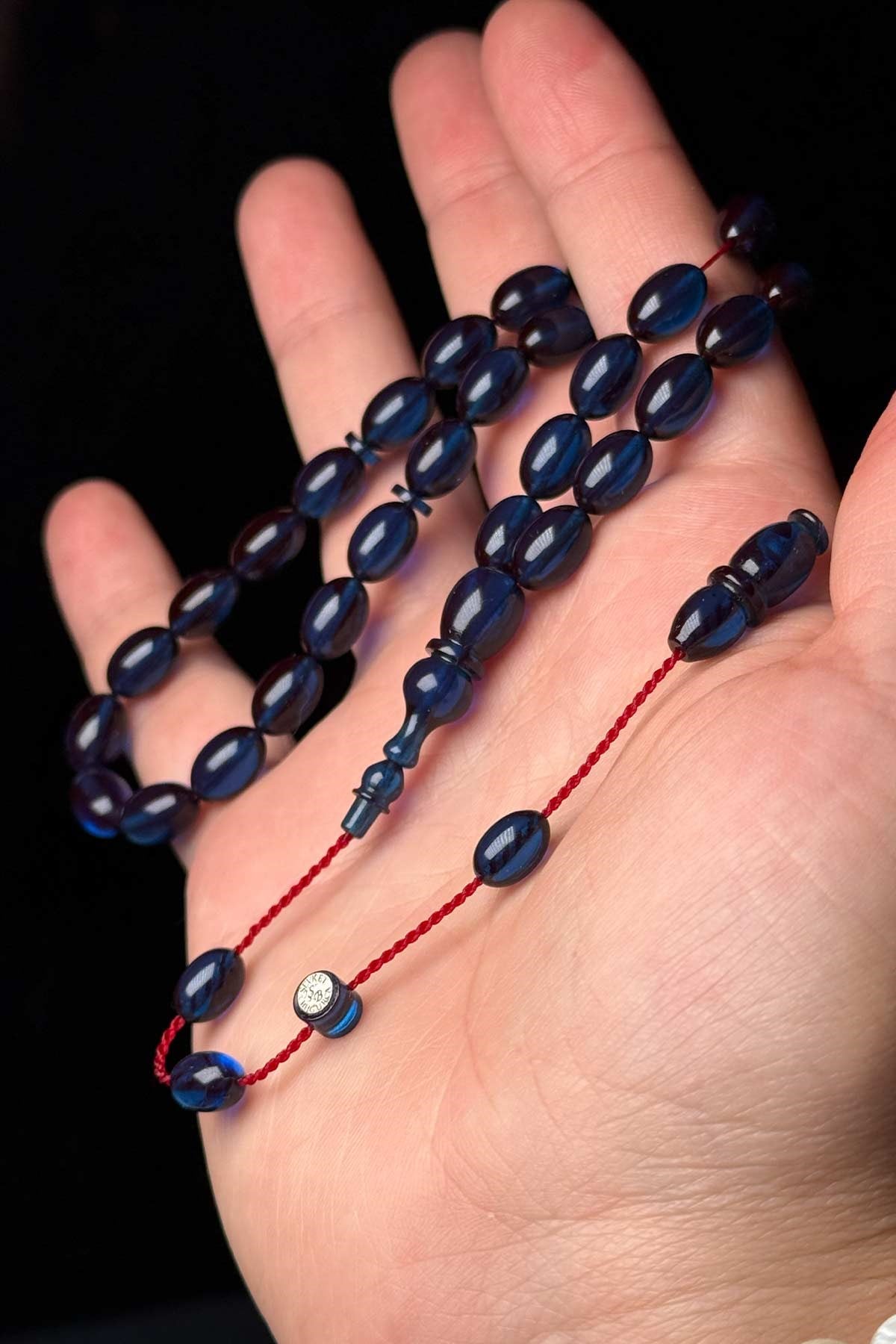 10x7 mm Güzel Çekimli Gece Mavisi Ateş Kehribar Tesbih 