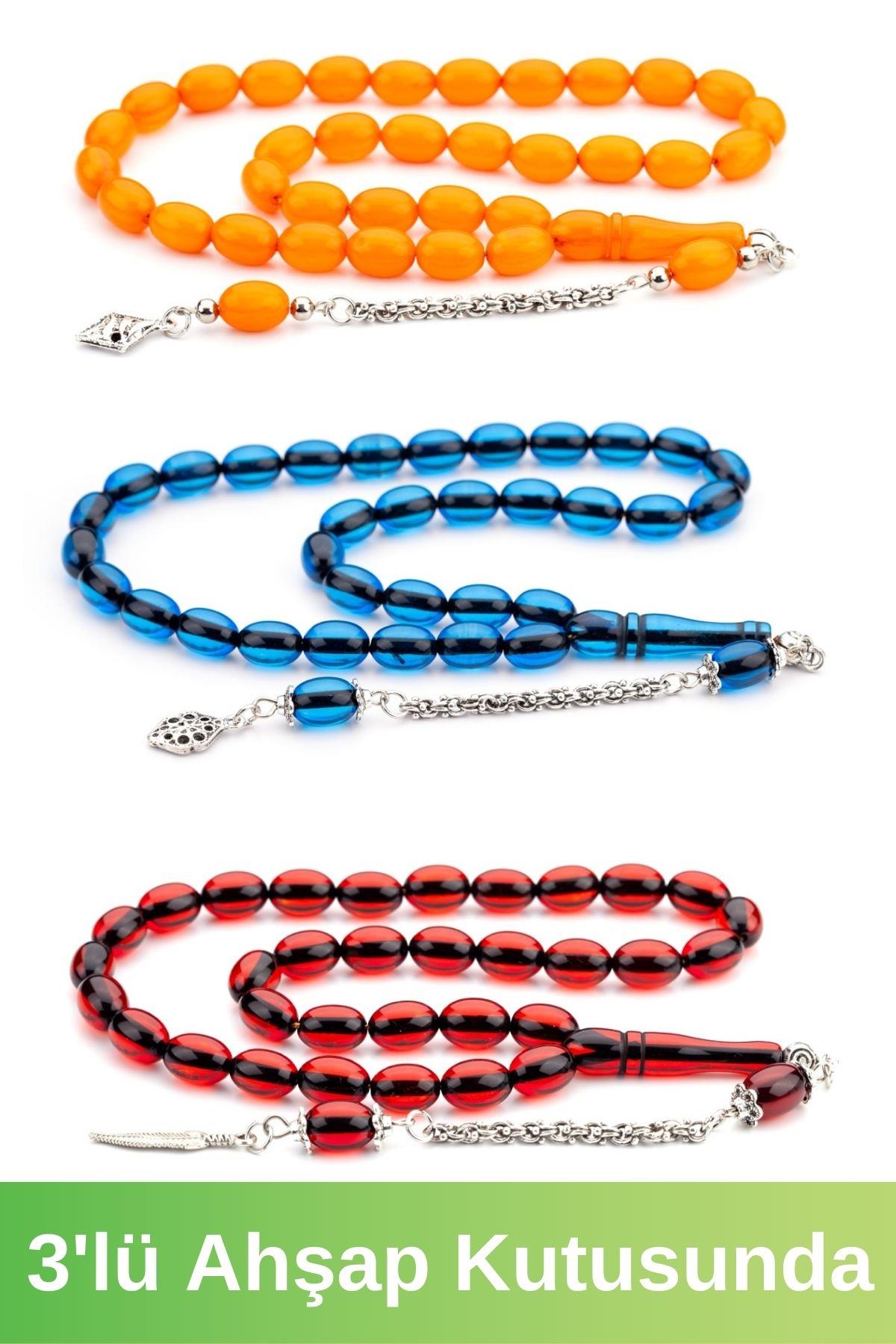 3lü Ahşap Kutuda Özel Püsküllü Toz Kehribar Tesbih Seti