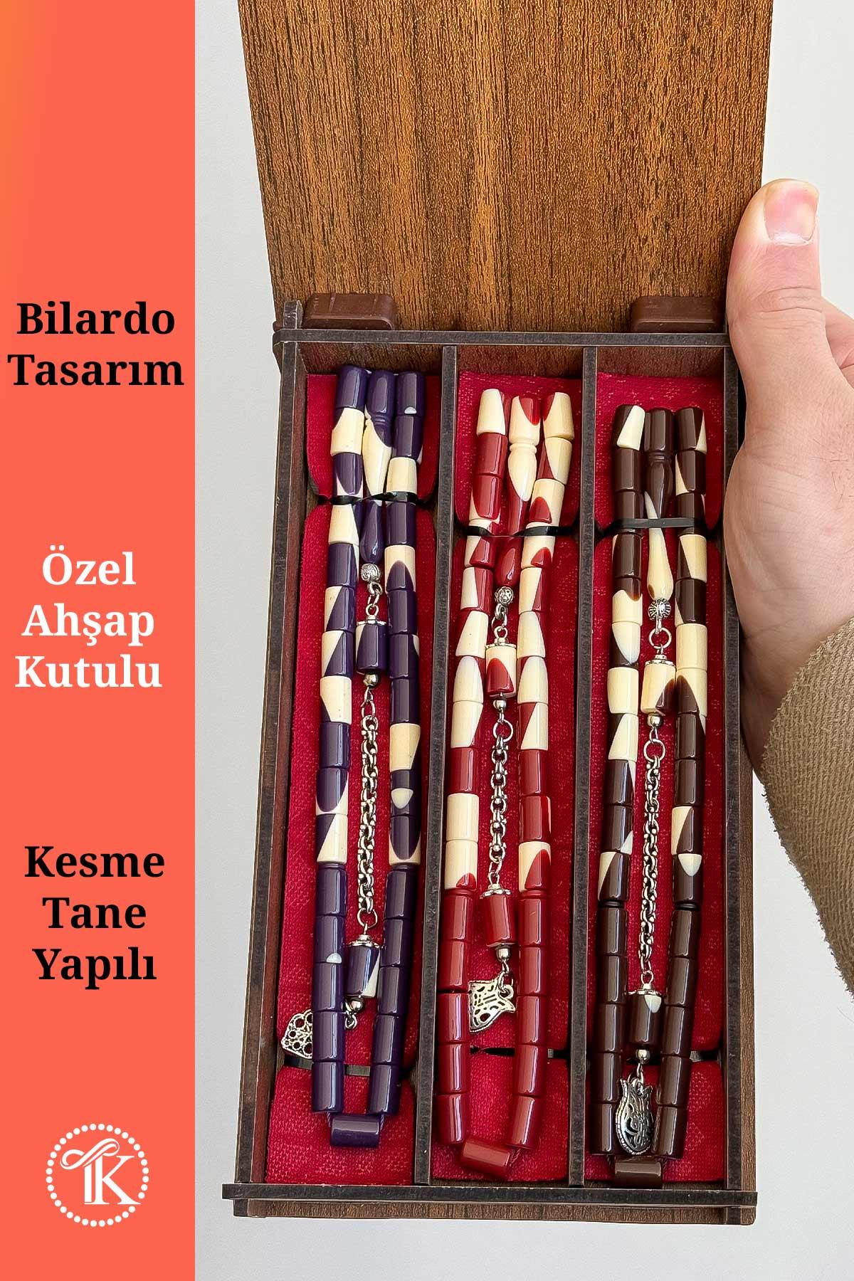 3lü Ahşap Kutusunda Kesme Bilardo Toz Kehribar Tesbih