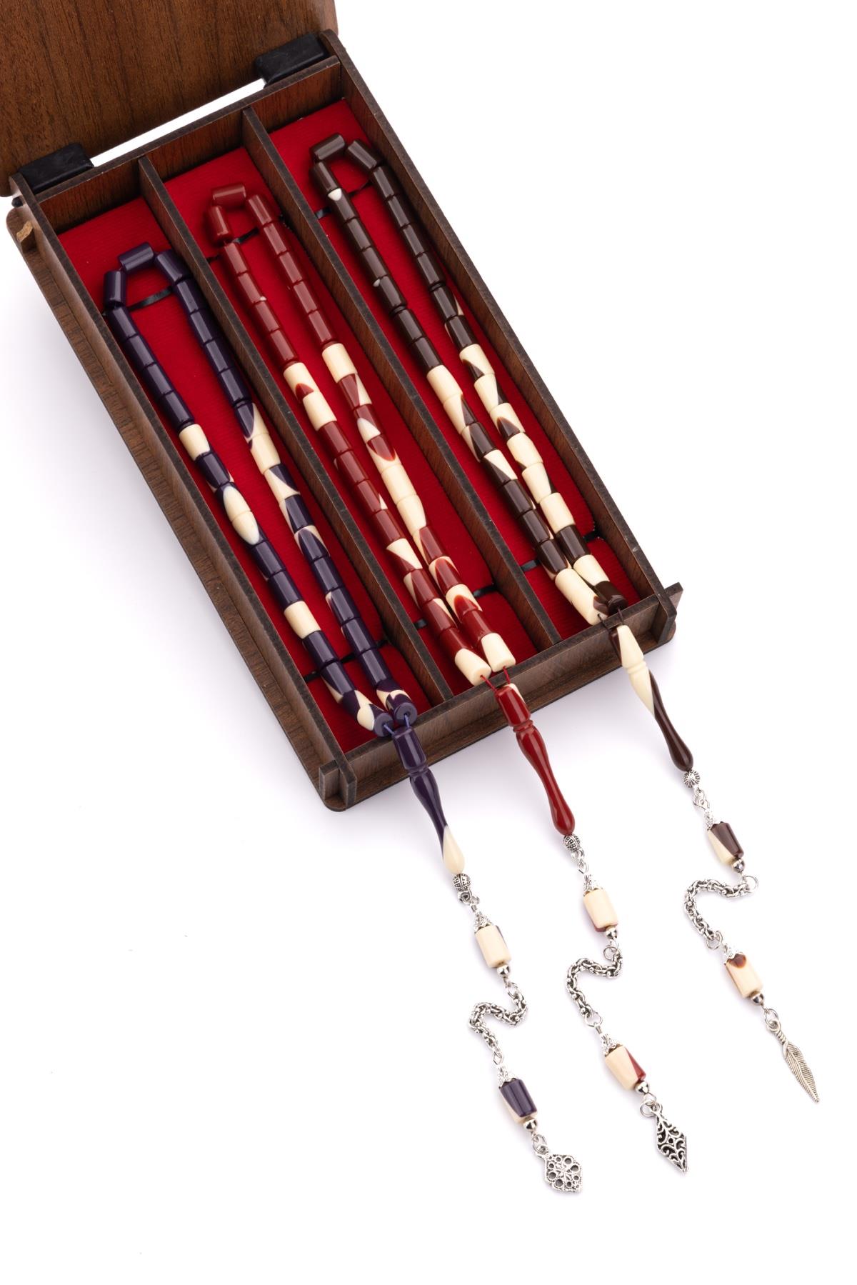 3lü Ahşap Kutusunda Kesme Bilardo Toz Kehribar Tesbih