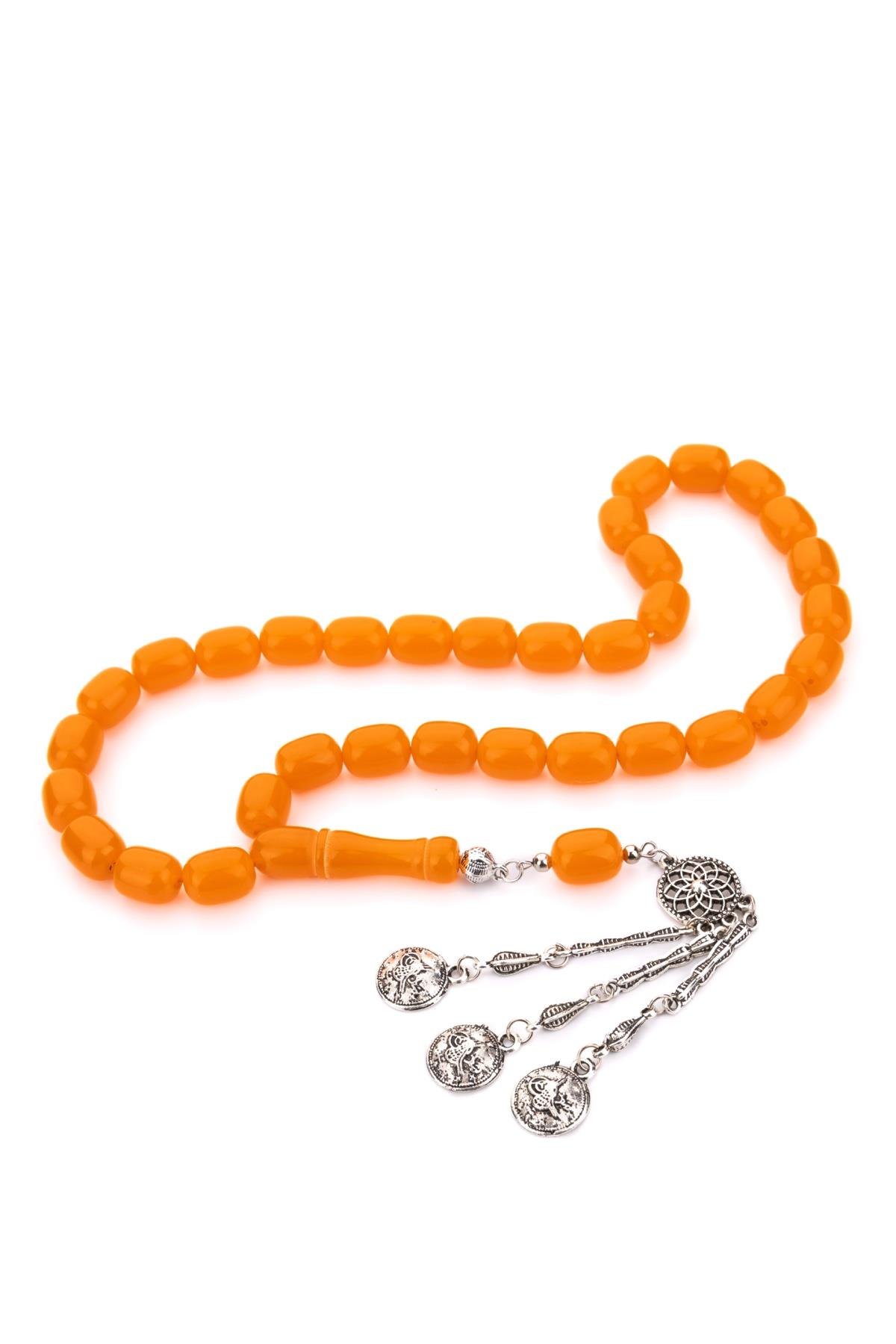 3Lü Püskül Tasarımlı Büyük Boy Turuncu Toz Kehribar Tesbih