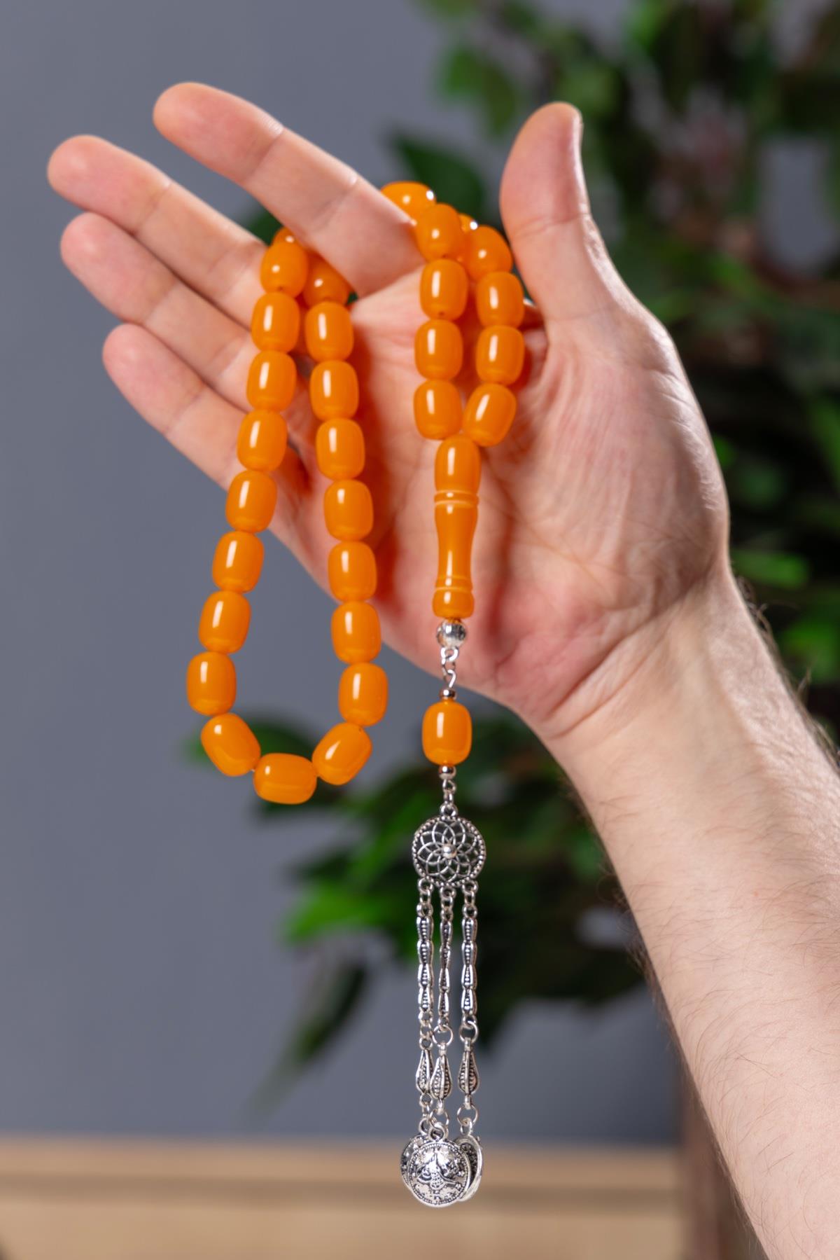 3Lü Püskül Tasarımlı Büyük Boy Turuncu Toz Kehribar Tesbih