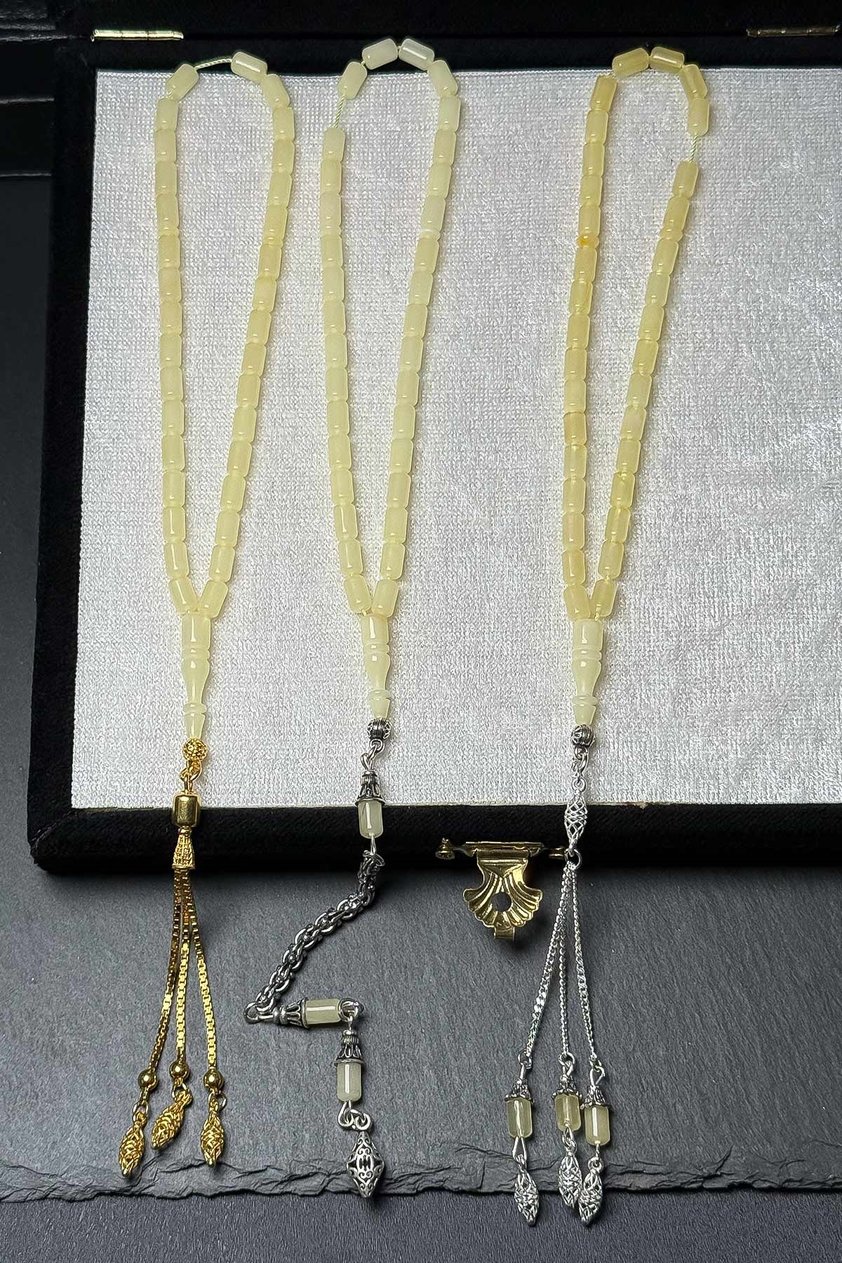 3lü Set Bilek Boy Gümüş Püsküllü Kaya Damla Kehribar Tesbih
