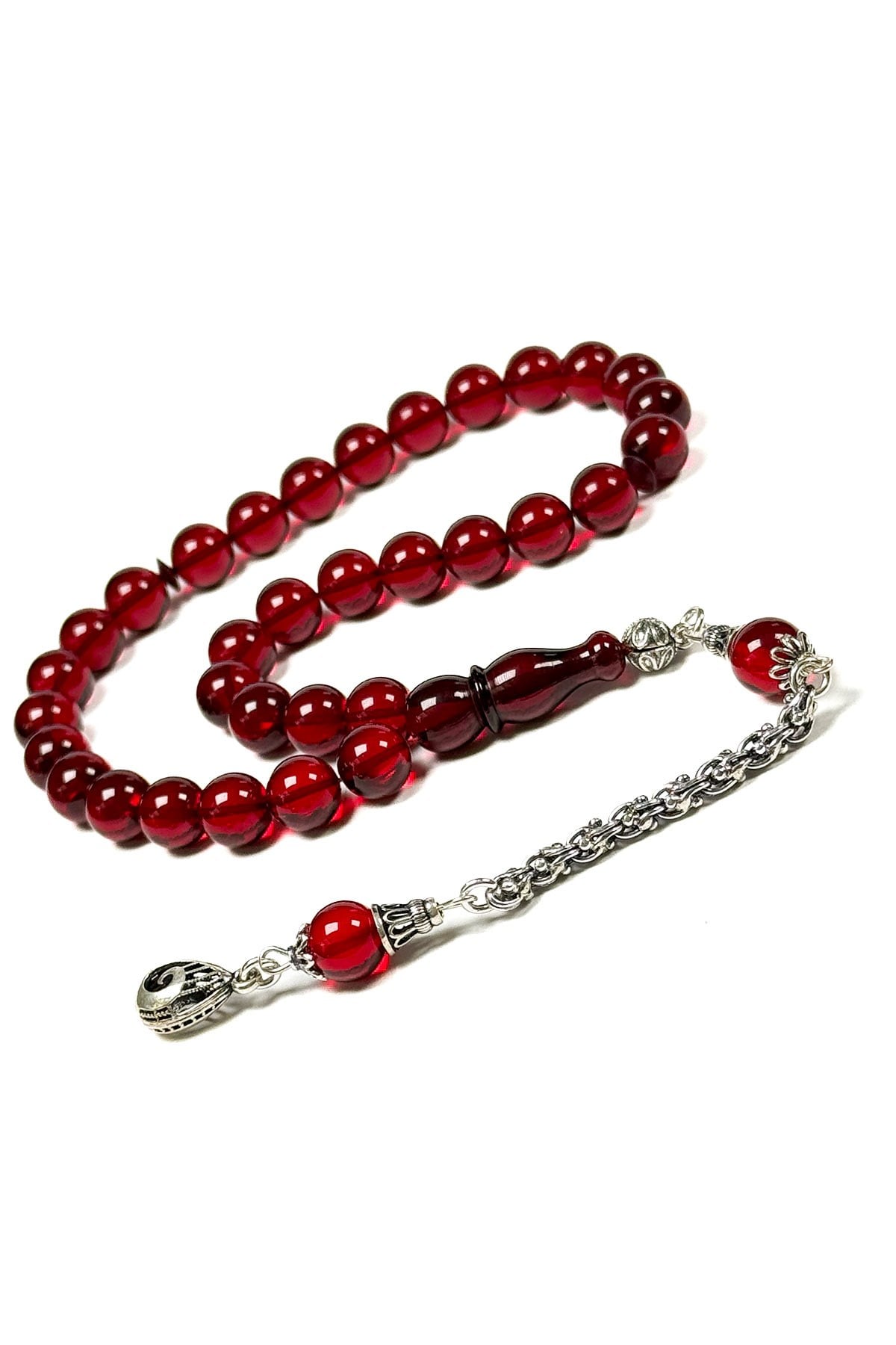 925 Ayar Gümüş Püsküllü Vişne Renk Ateş Kehribar Tesbih