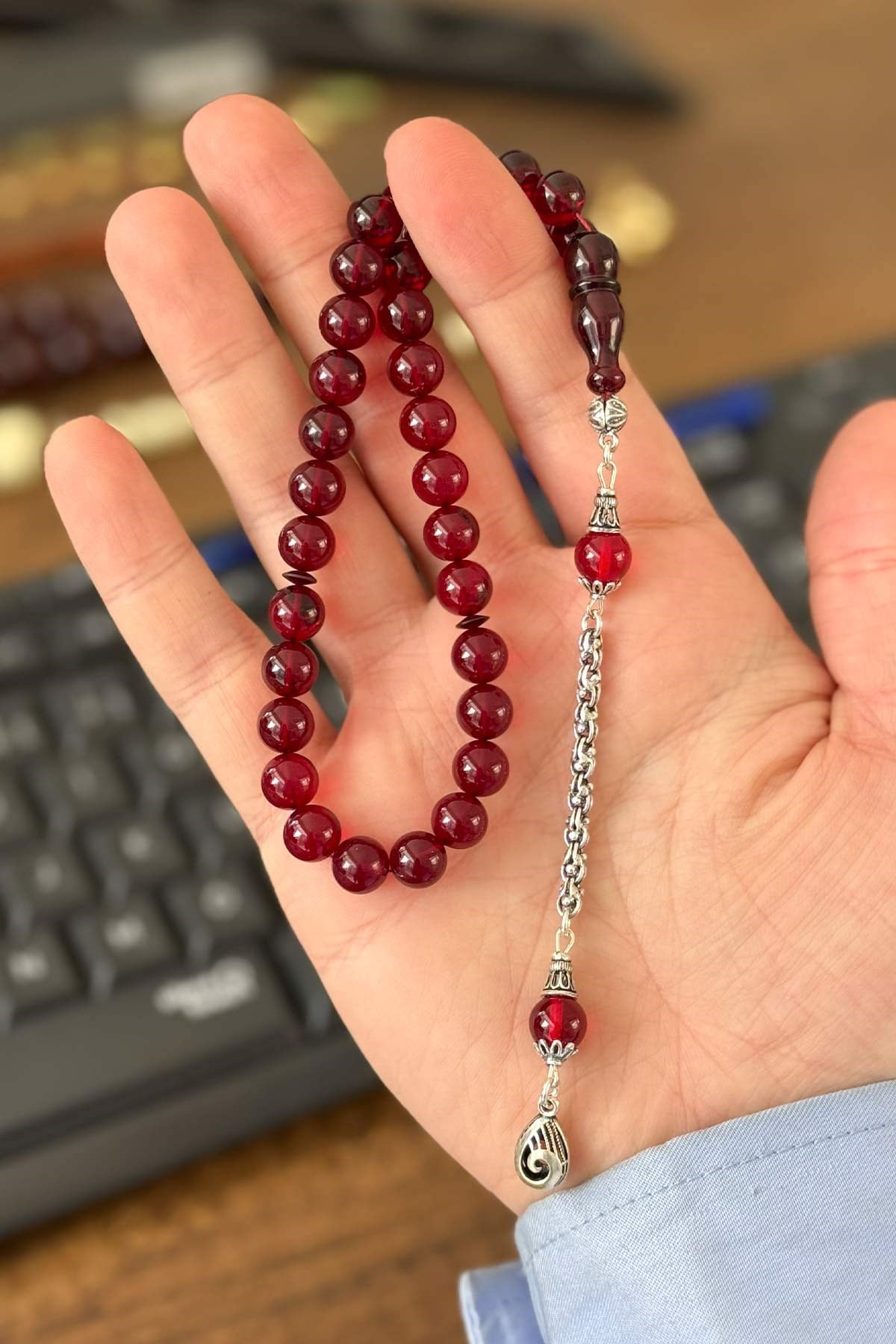 925 Ayar Gümüş Püsküllü Vişne Renk Ateş Kehribar Tesbih