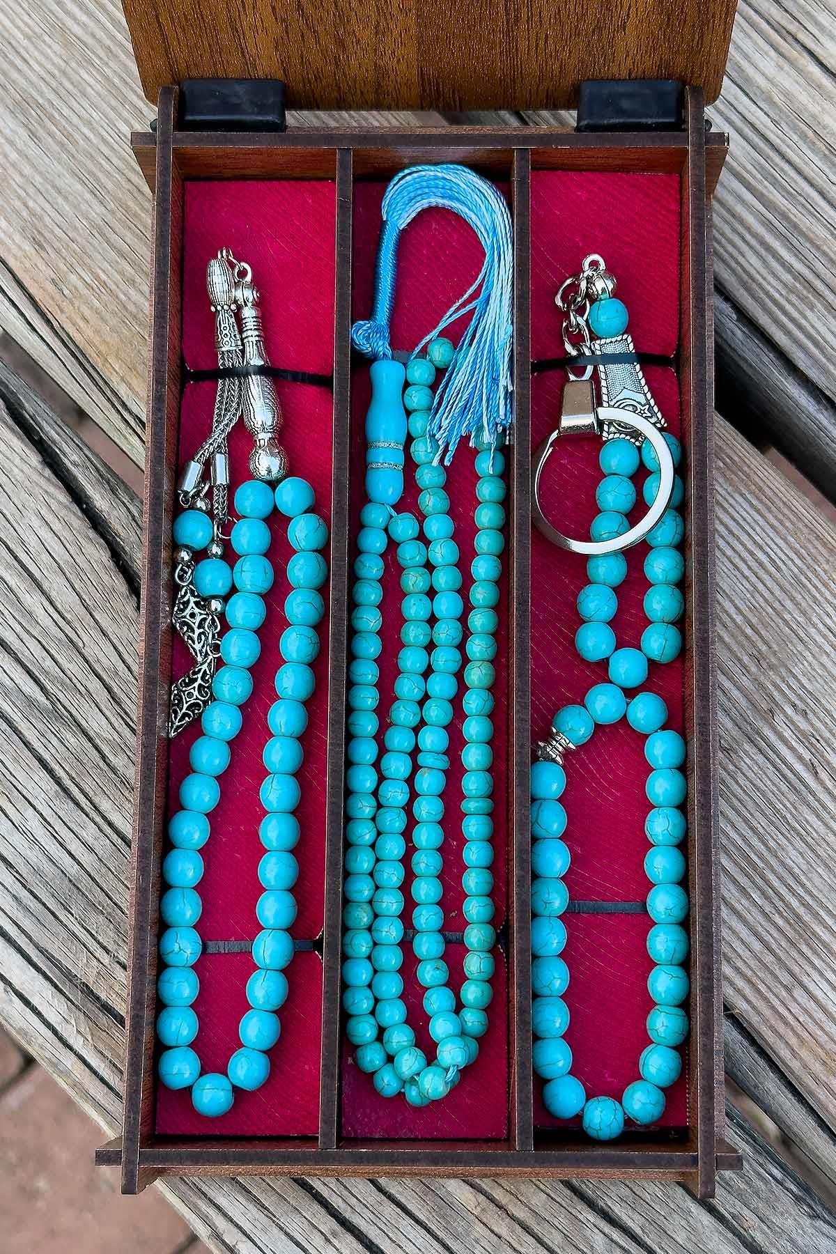 99lu 33lük Anahtarlık ve Bileklik Ahşap Kutuda Turkuaz Set