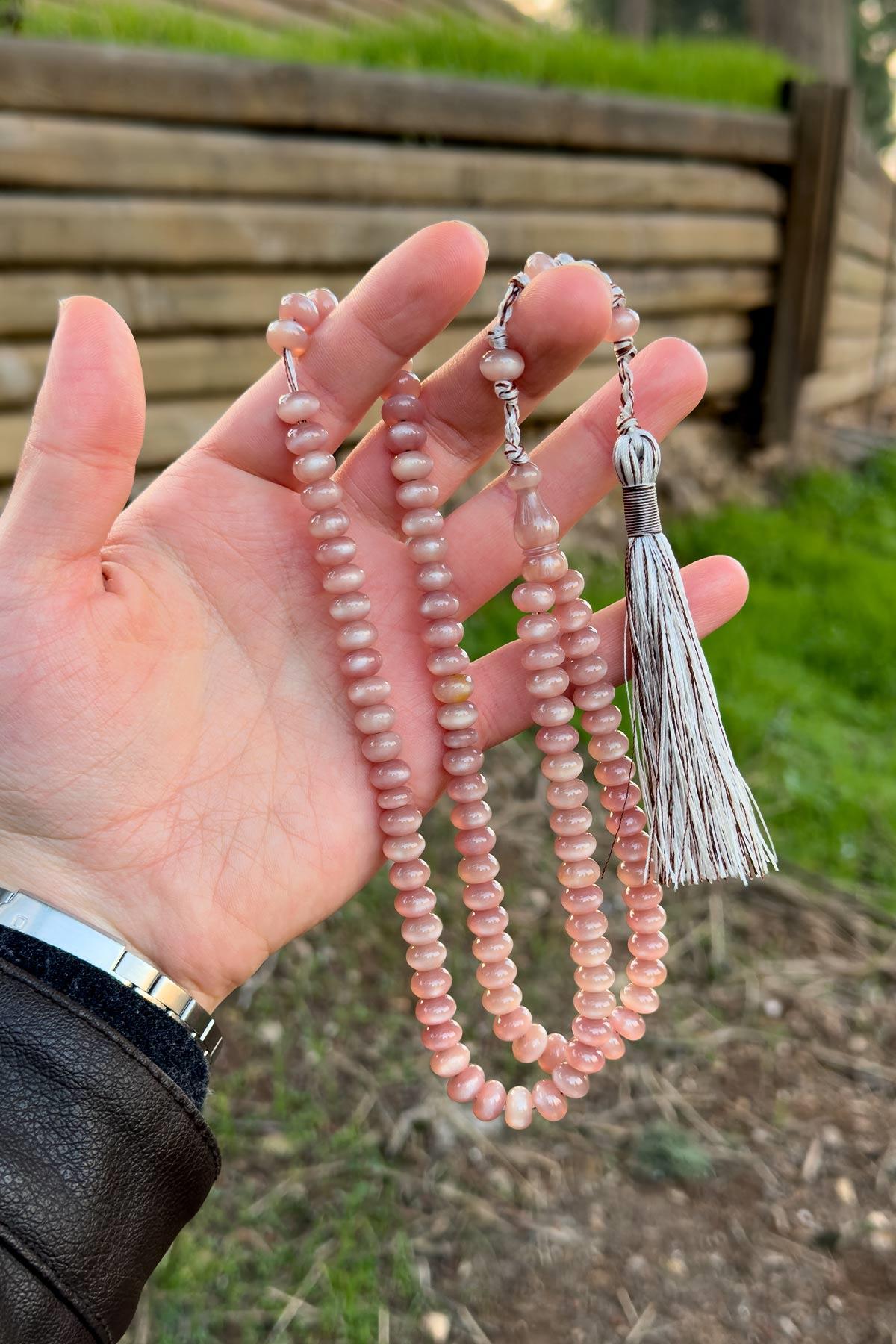 Açık Pembe Özel Tasarım 99luk Sıkma Kehribar Tesbih