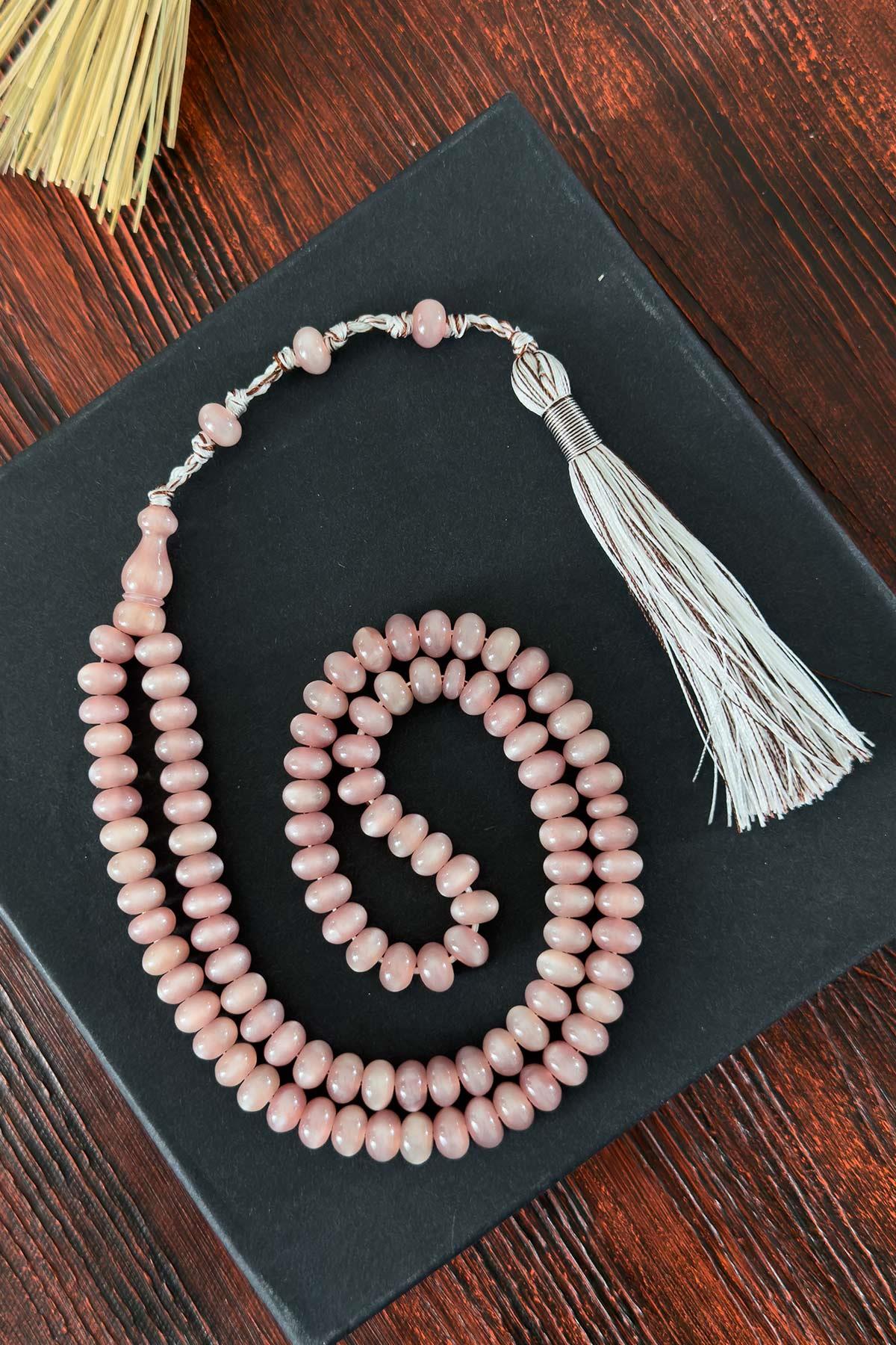 Açık Pembe Özel Tasarım 99luk Sıkma Kehribar Tesbih