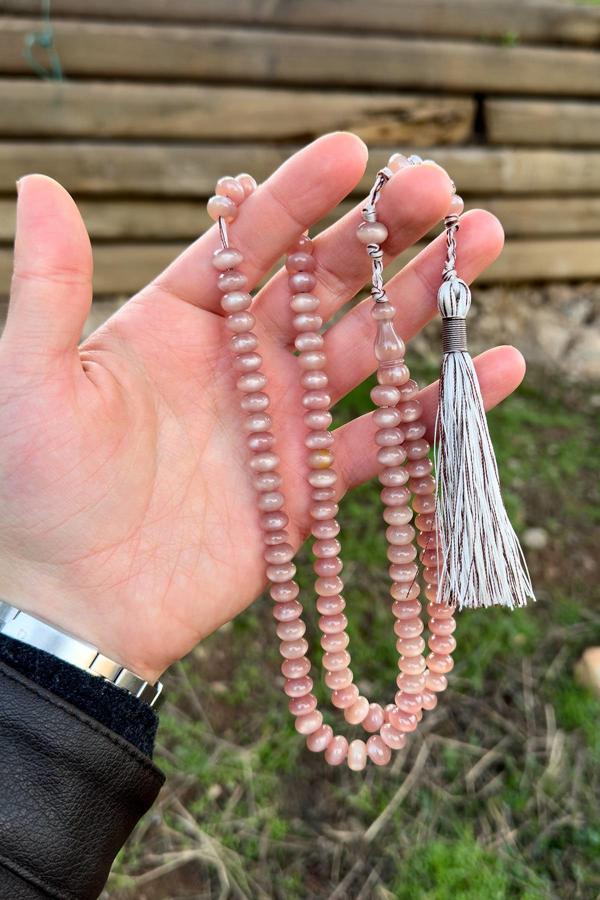 Açık Pembe Özel Tasarım 99luk Sıkma Kehribar Tesbih