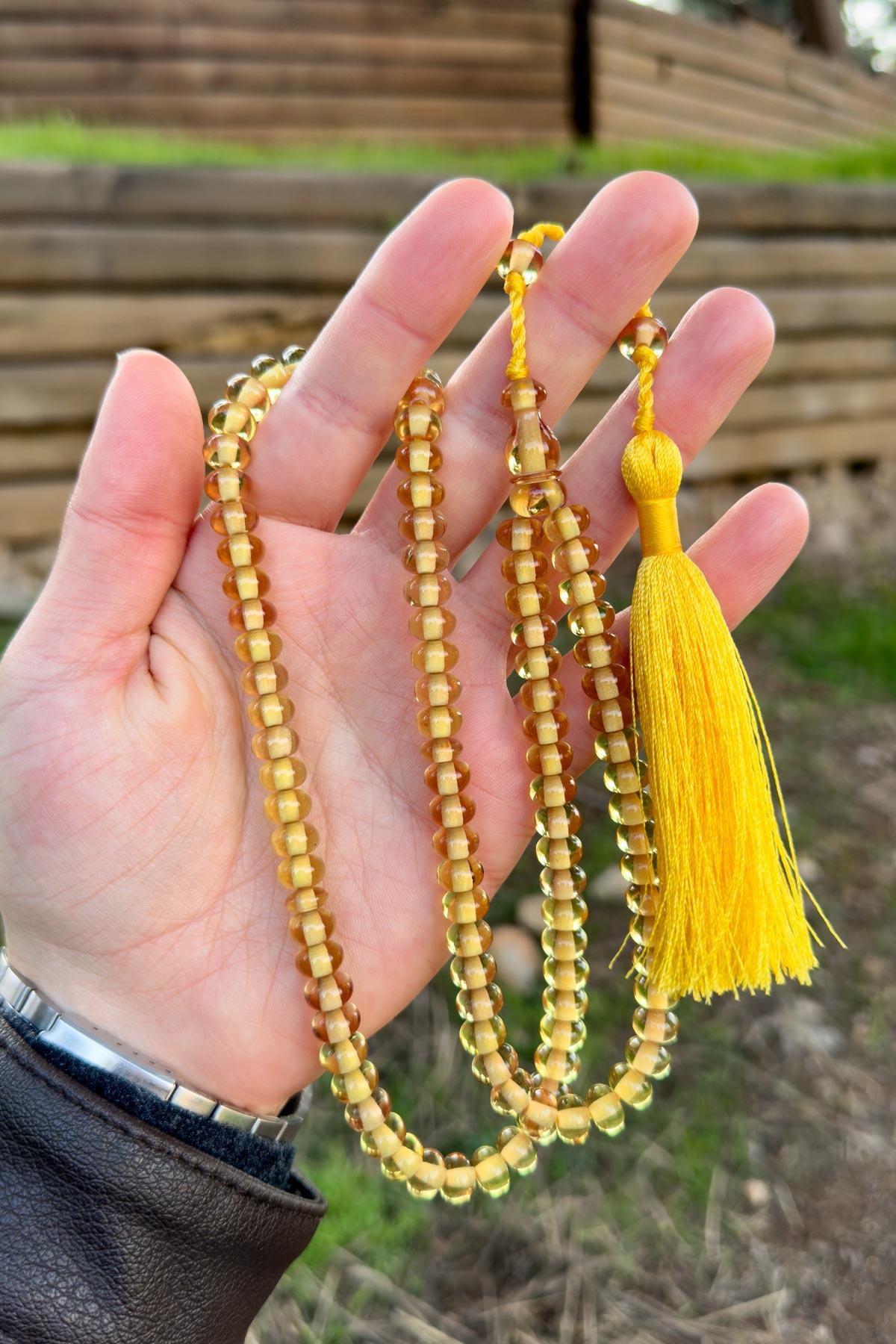 Açık Sarı Özel Tasarım 99luk Ateş Kehribar Tesbihimiz