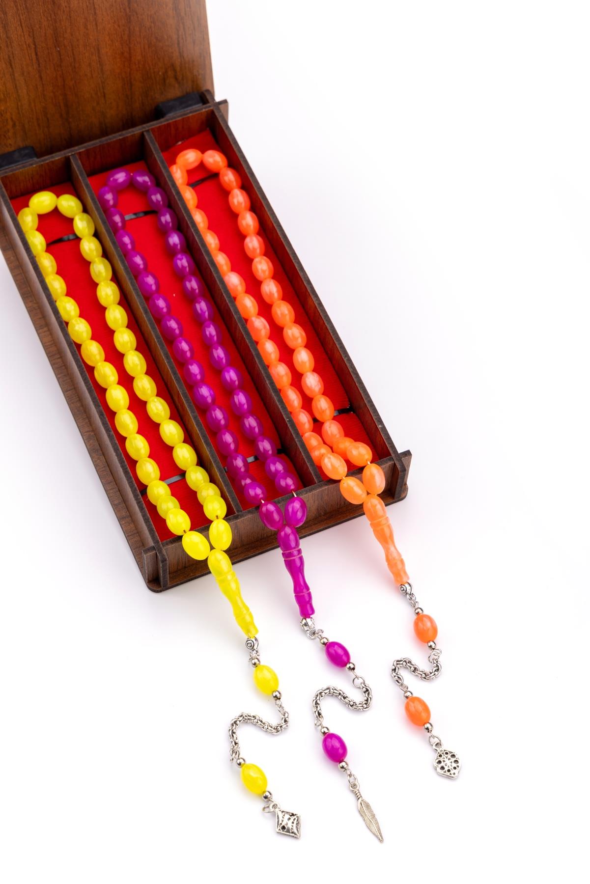 Ahşap Kutuda 3lü Neon Renk Toz Kehribar Tesbih Seti