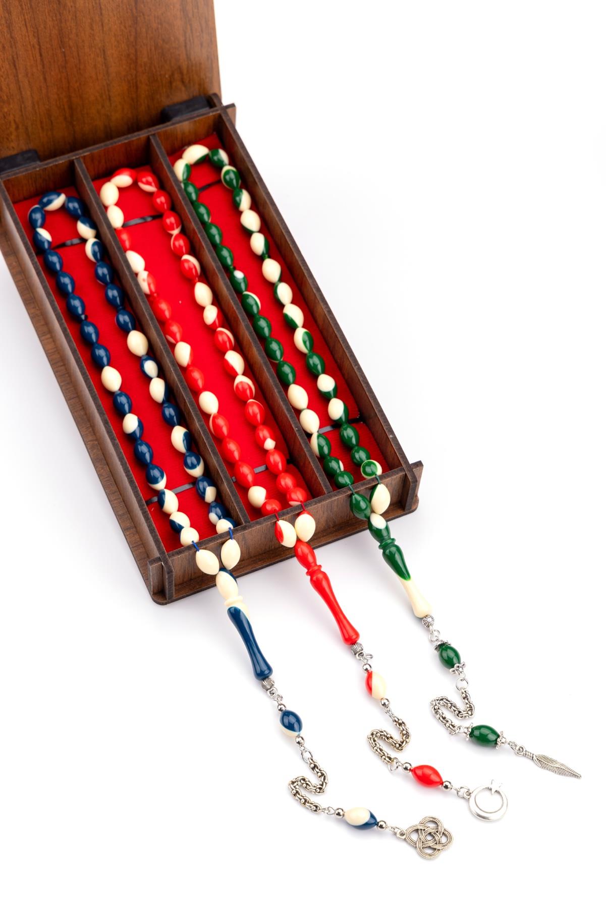 Ahşap Kutuda 3lü Toz Kehribar Bilardo Tesbih Seti