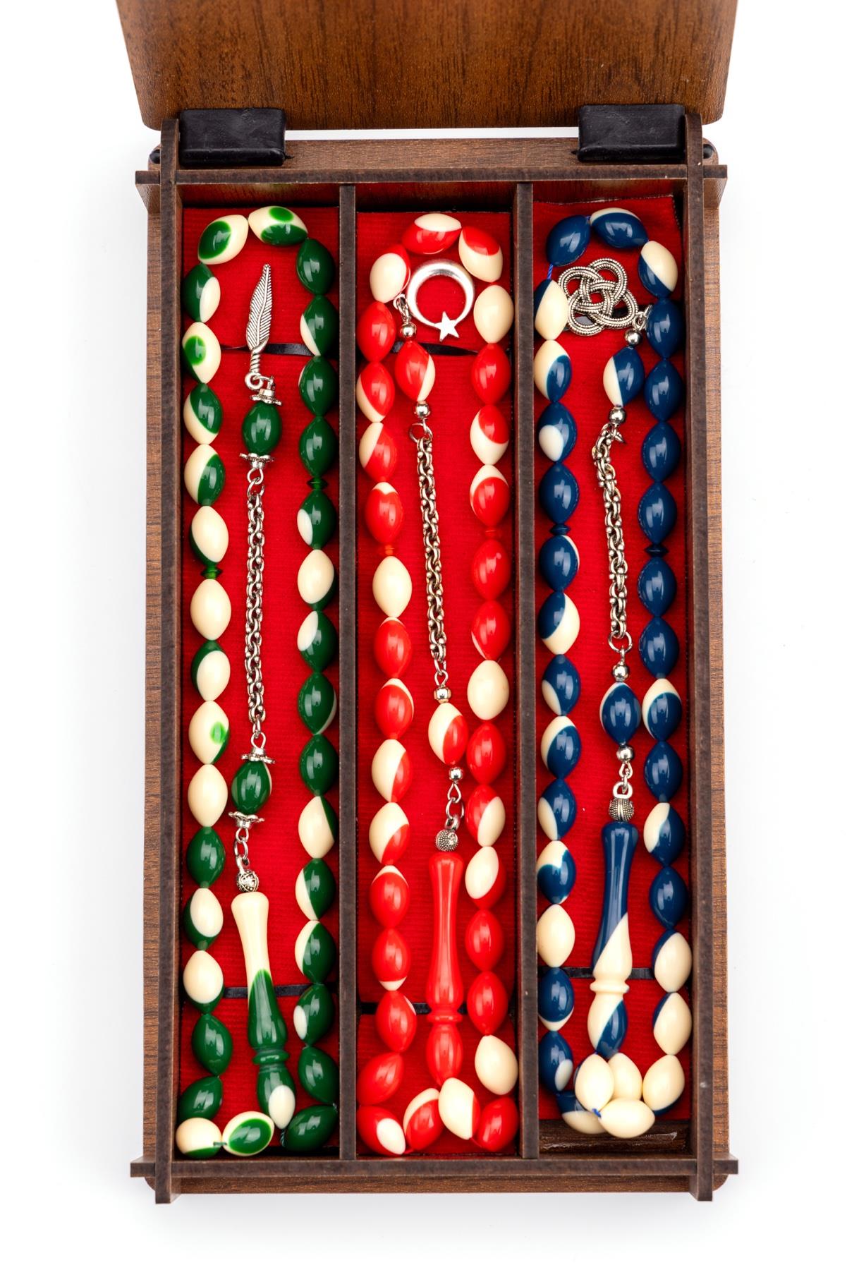 Ahşap Kutuda 3lü Toz Kehribar Bilardo Tesbih Seti