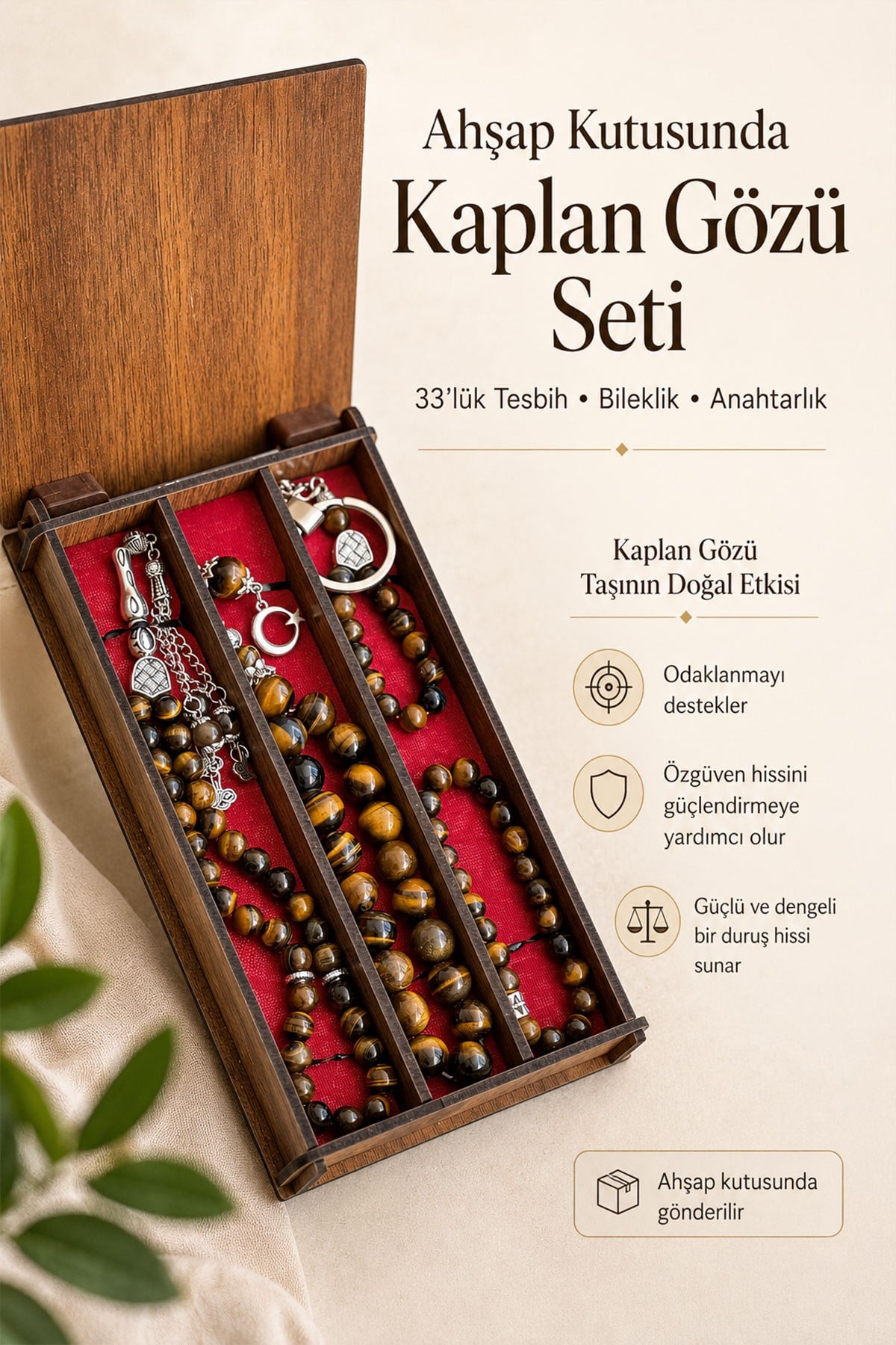 Ahşap Kutuda Kaplan Gözü Seti Tesbih - Bileklik - Anahtarlık