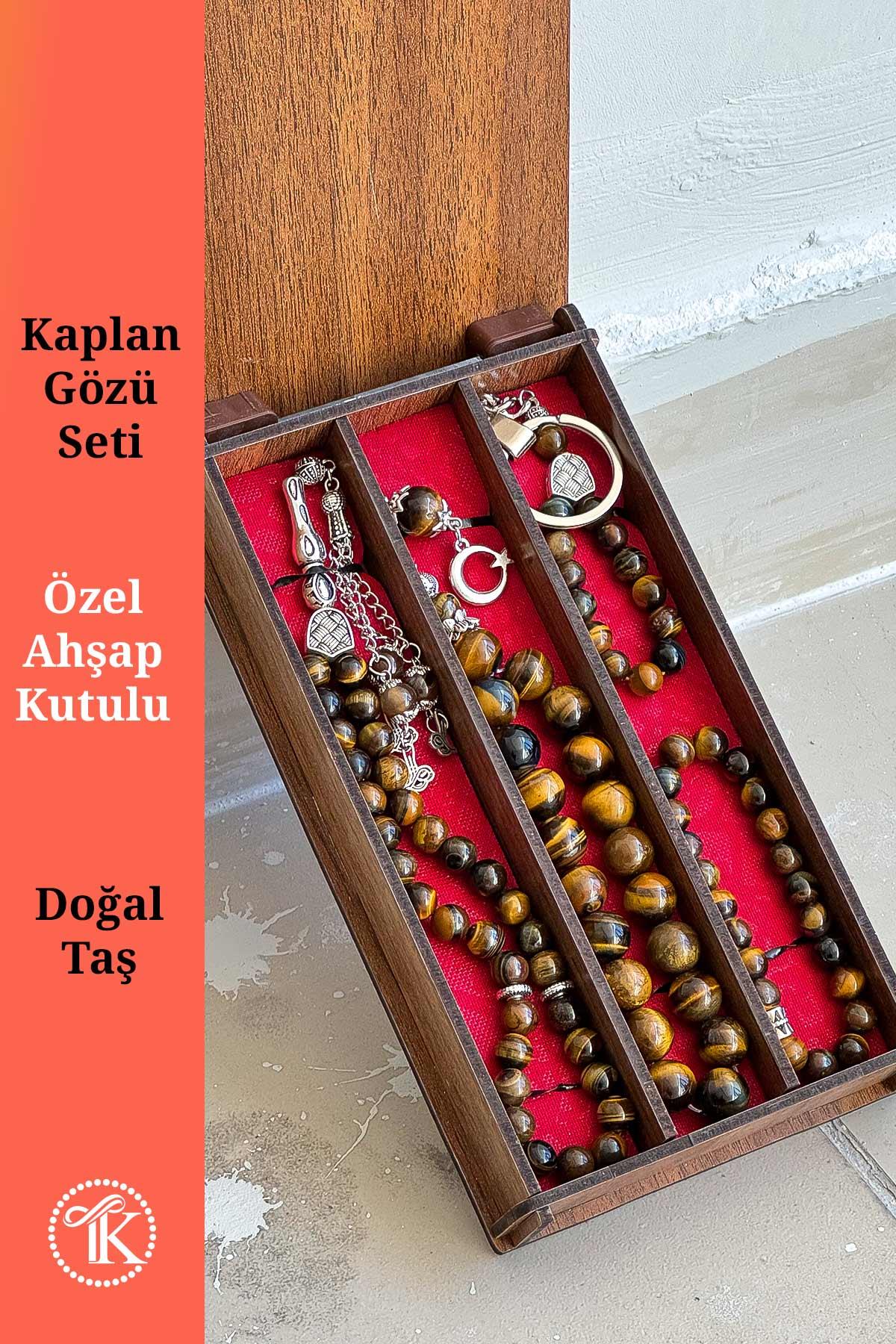 Ahşap Kutuda Kaplan Gözü Seti Tesbih - Bileklik - Anahtarlık