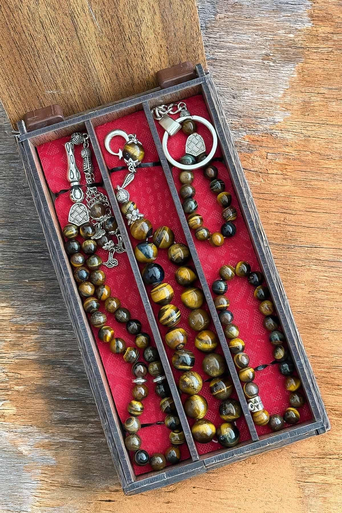 Ahşap Kutuda Kaplan Gözü Seti Tesbih - Bileklik - Anahtarlık