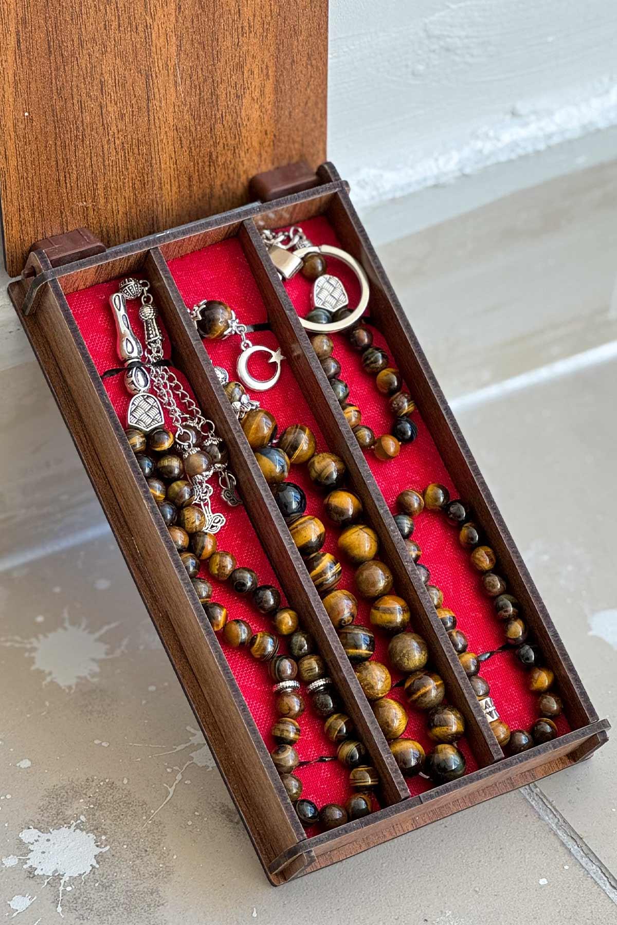 Ahşap Kutuda Kaplan Gözü Seti Tesbih - Bileklik - Anahtarlık