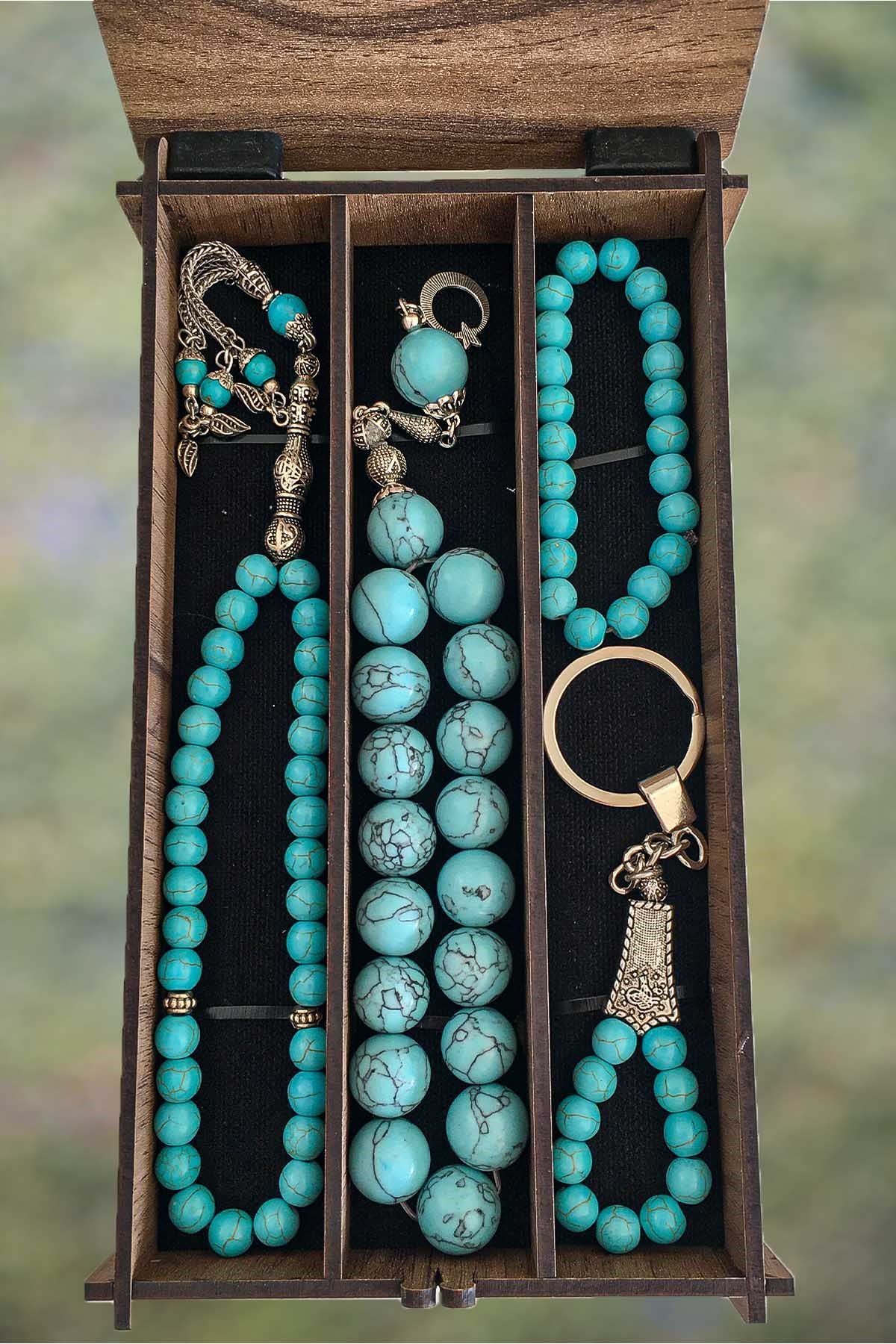 Ahşap Kutuda Turkuaz Taşı Seti Tesbih - Bileklik - Anahtarlık