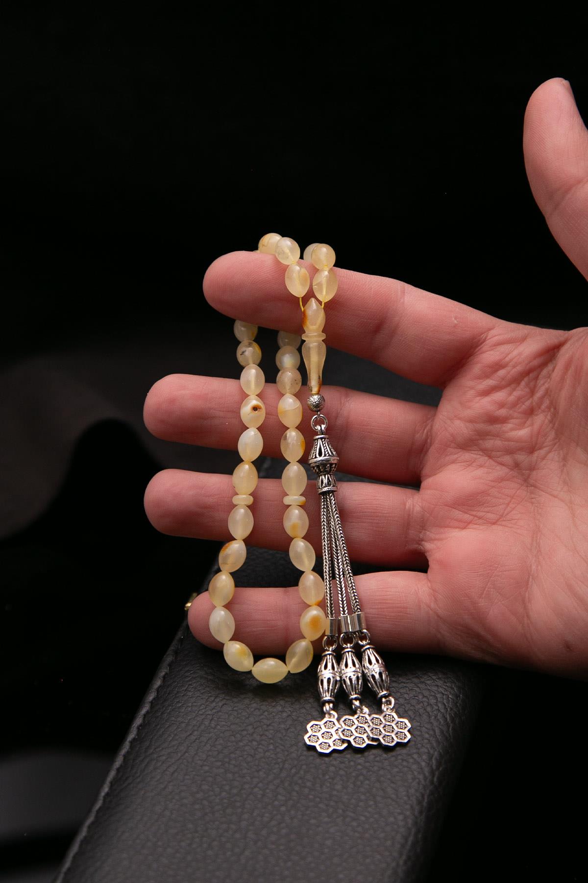 Arpa Tane Gümüş Püsküllü Damla Kehribar Tesbih