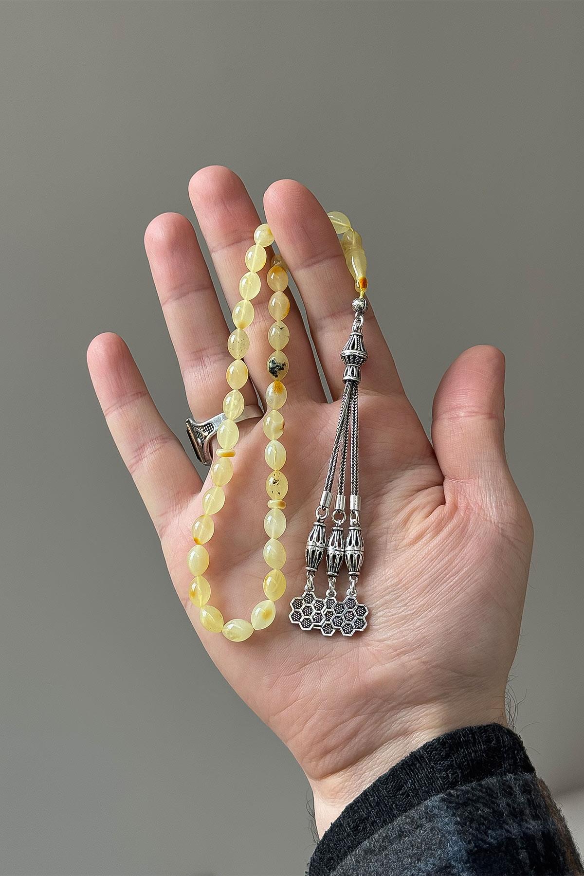 Arpa Tane Gümüş Püsküllü Damla Kehribar Tesbih