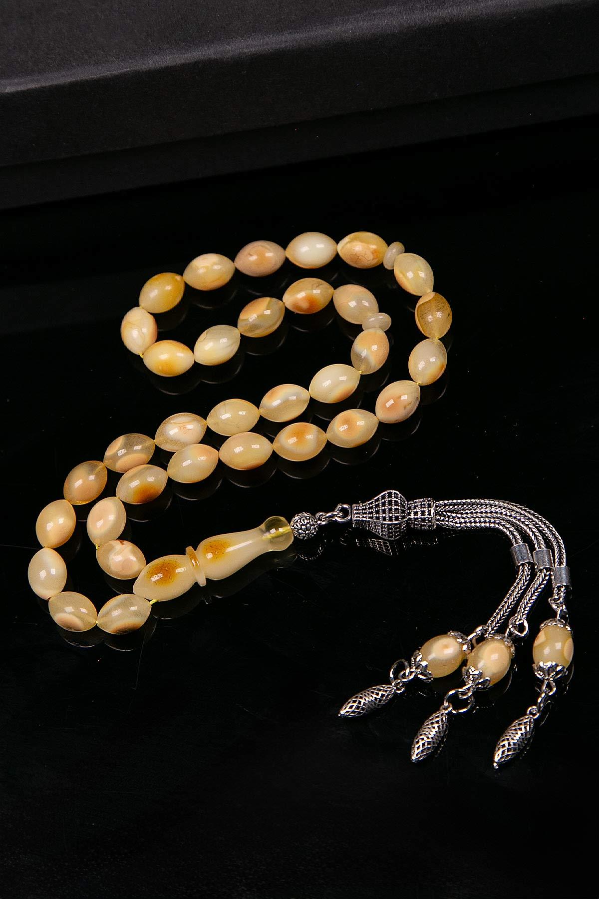 Arpa Tane Gümüş Püsküllü Kaya Damla Kehribar Tesbih