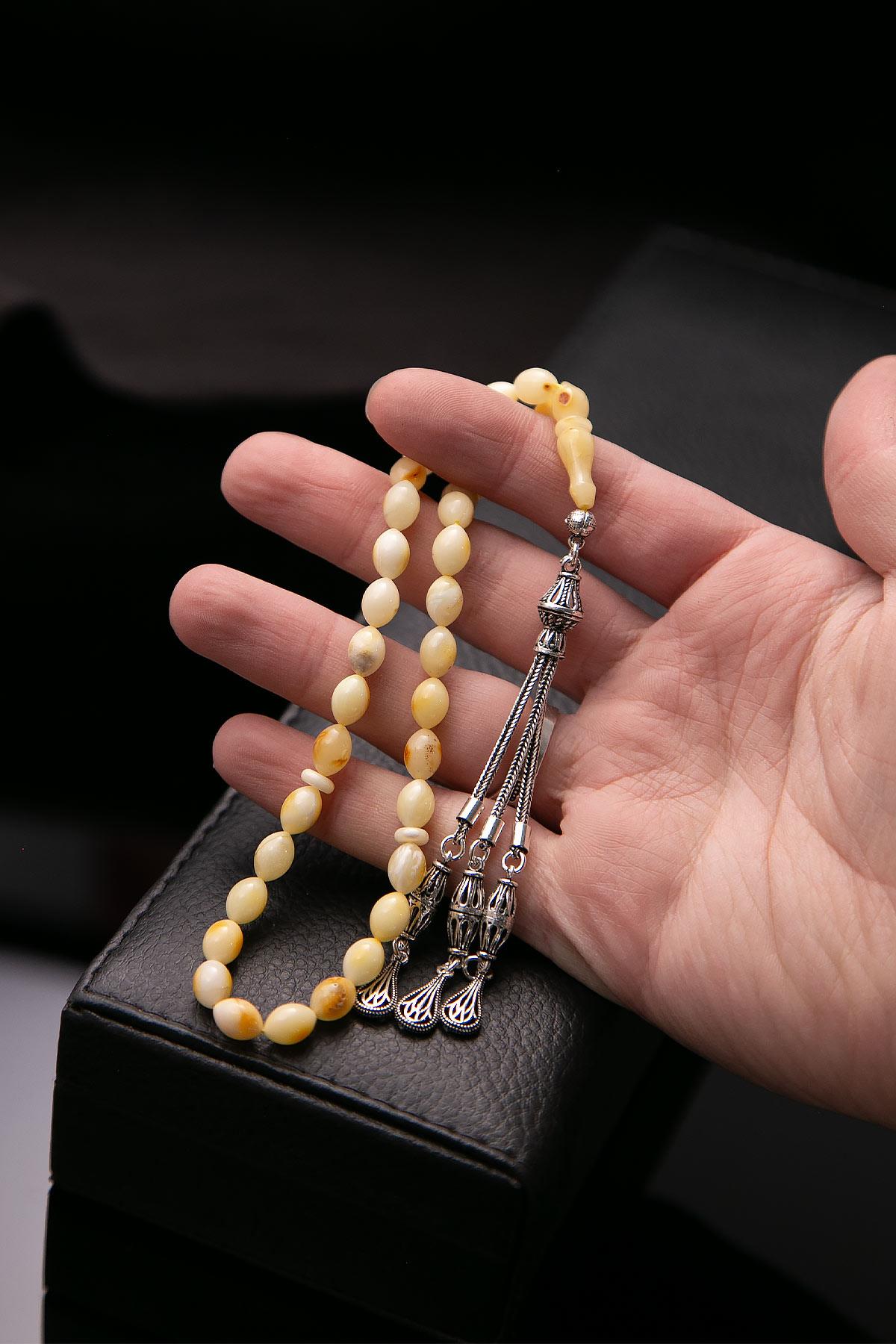 Arpa Tane Küçük Boy Gümüş Püsküllü Damla Kehribar Tesbih