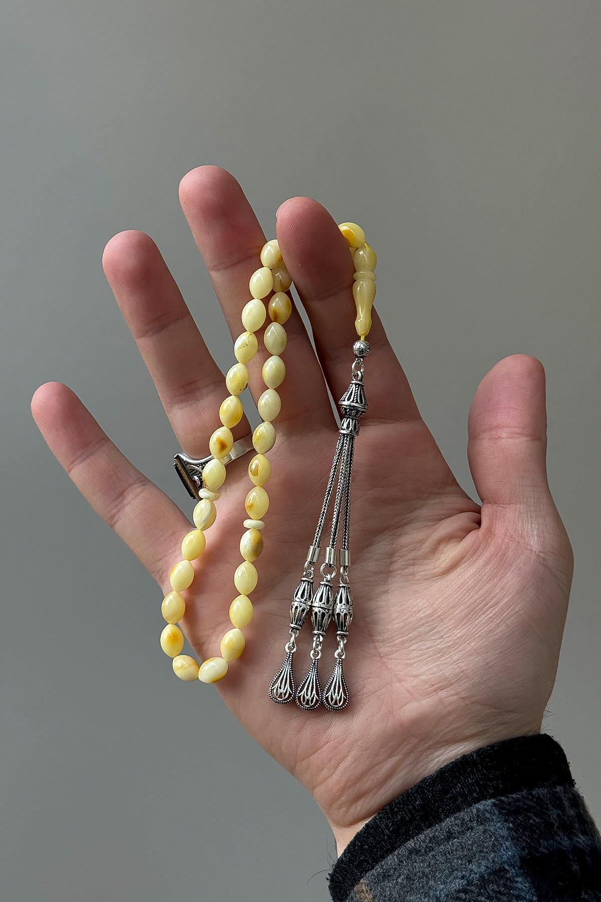 Arpa Tane Küçük Boy Gümüş Püsküllü Damla Kehribar Tesbih