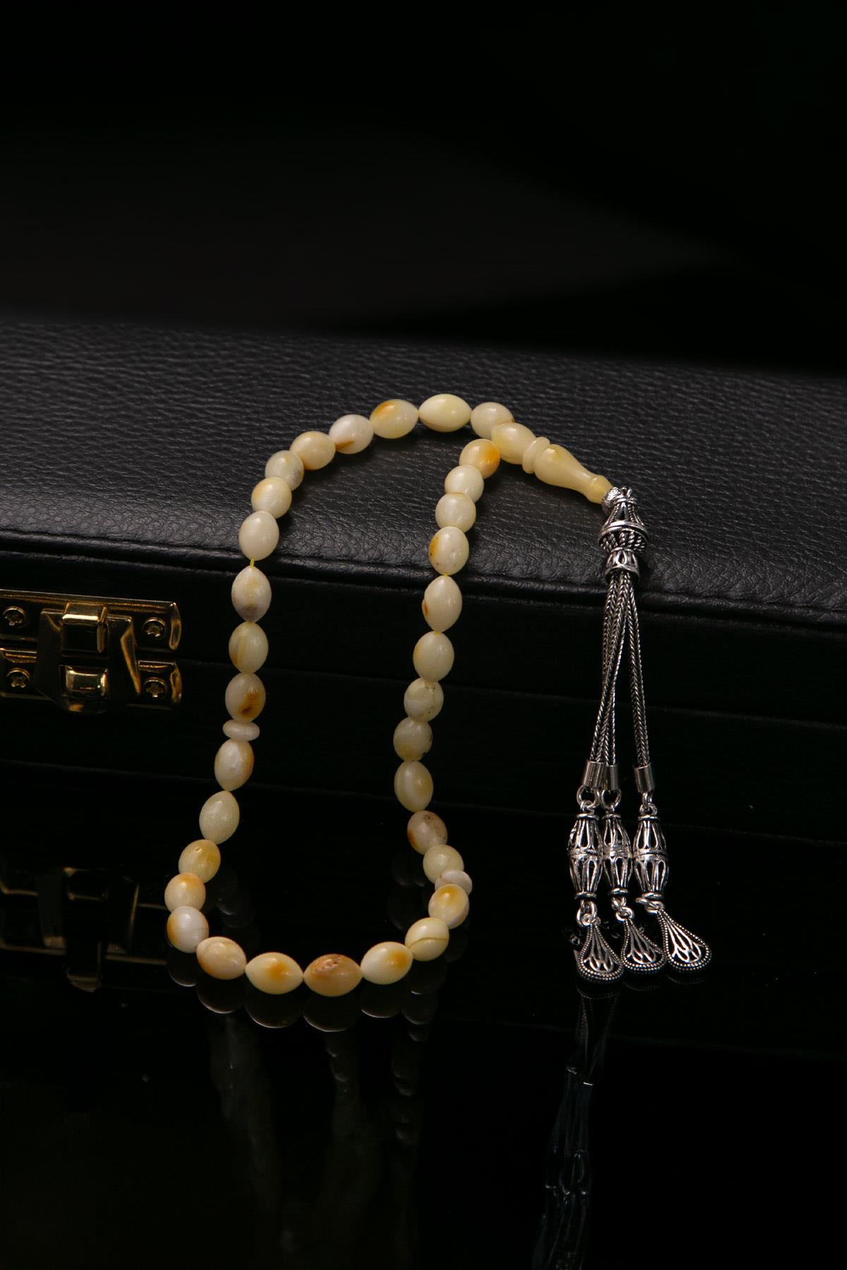 Arpa Tane Küçük Boy Gümüş Püsküllü Damla Kehribar Tesbih