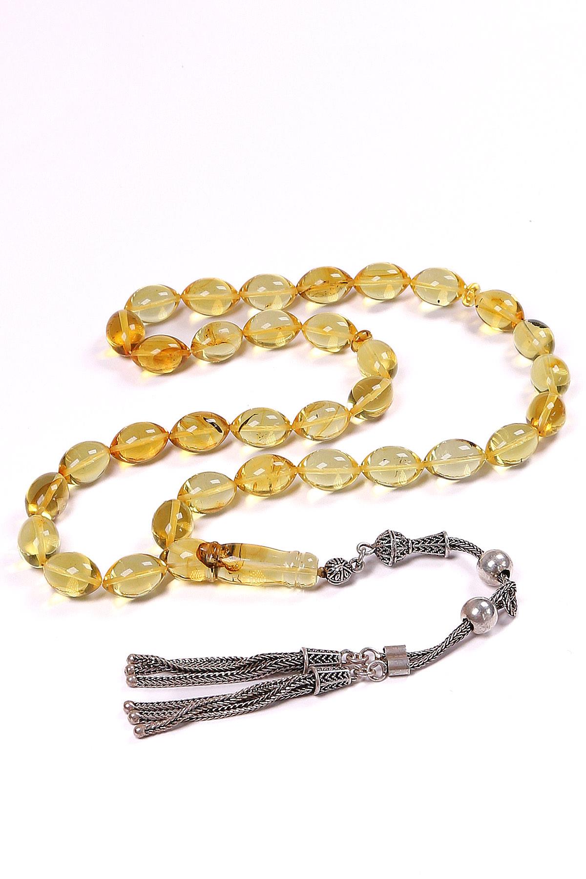 Arpa Tane Usta İşçilik Gümüş Püsküllü Damla Kehribar Tesbih