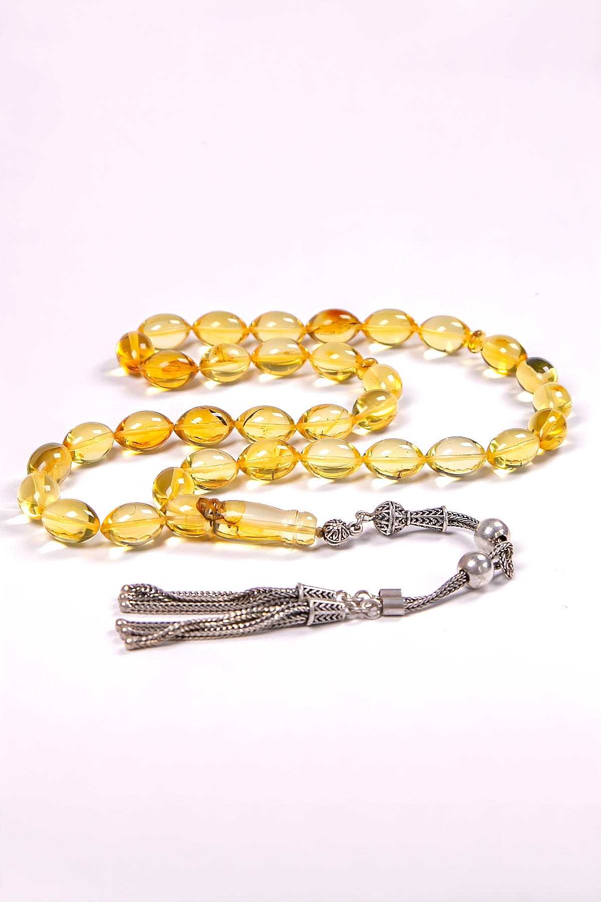 Arpa Tane Usta İşçilik Gümüş Püsküllü Damla Kehribar Tesbih