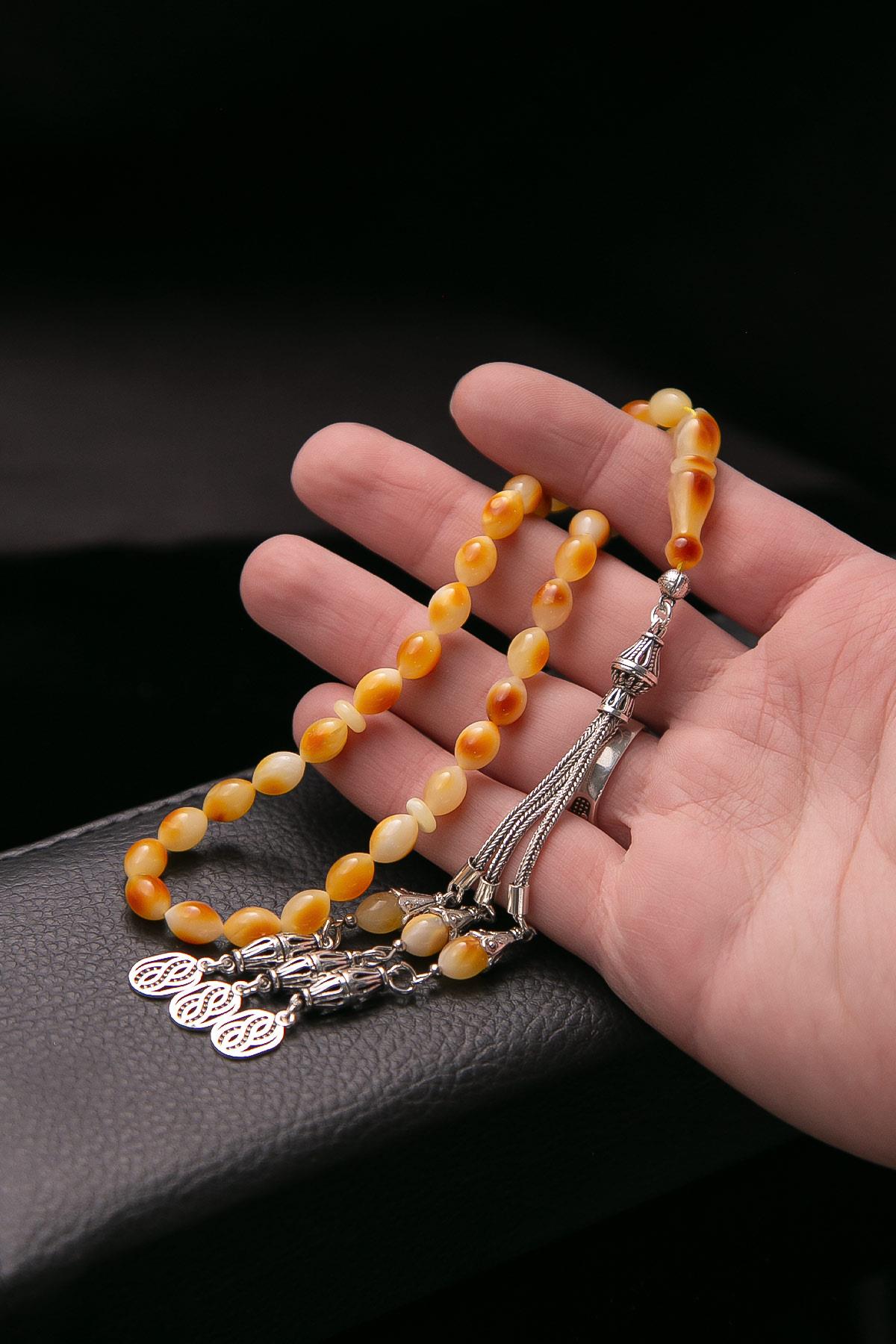 Benekli Gümüş Püsküllü Damla Kehribar Tesbih