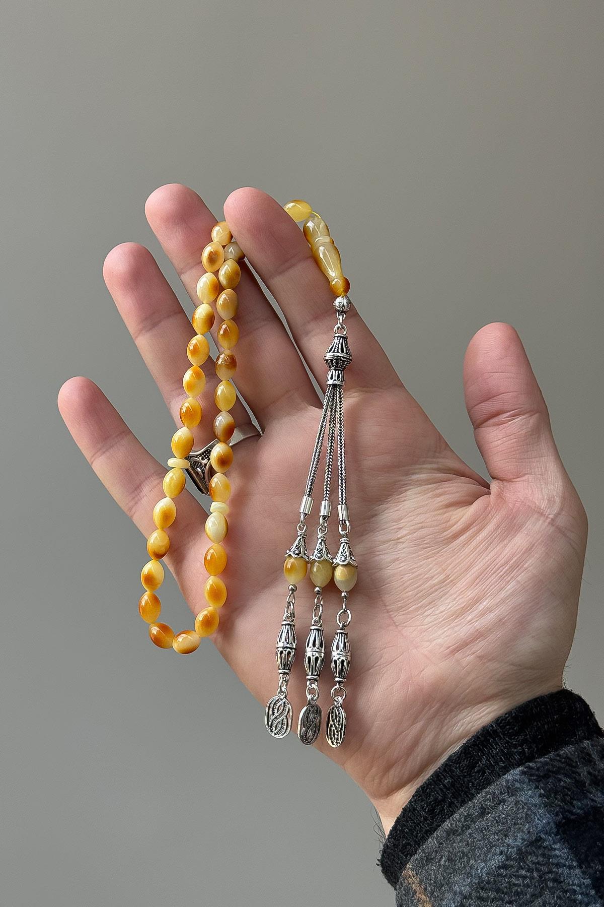 Benekli Gümüş Püsküllü Damla Kehribar Tesbih