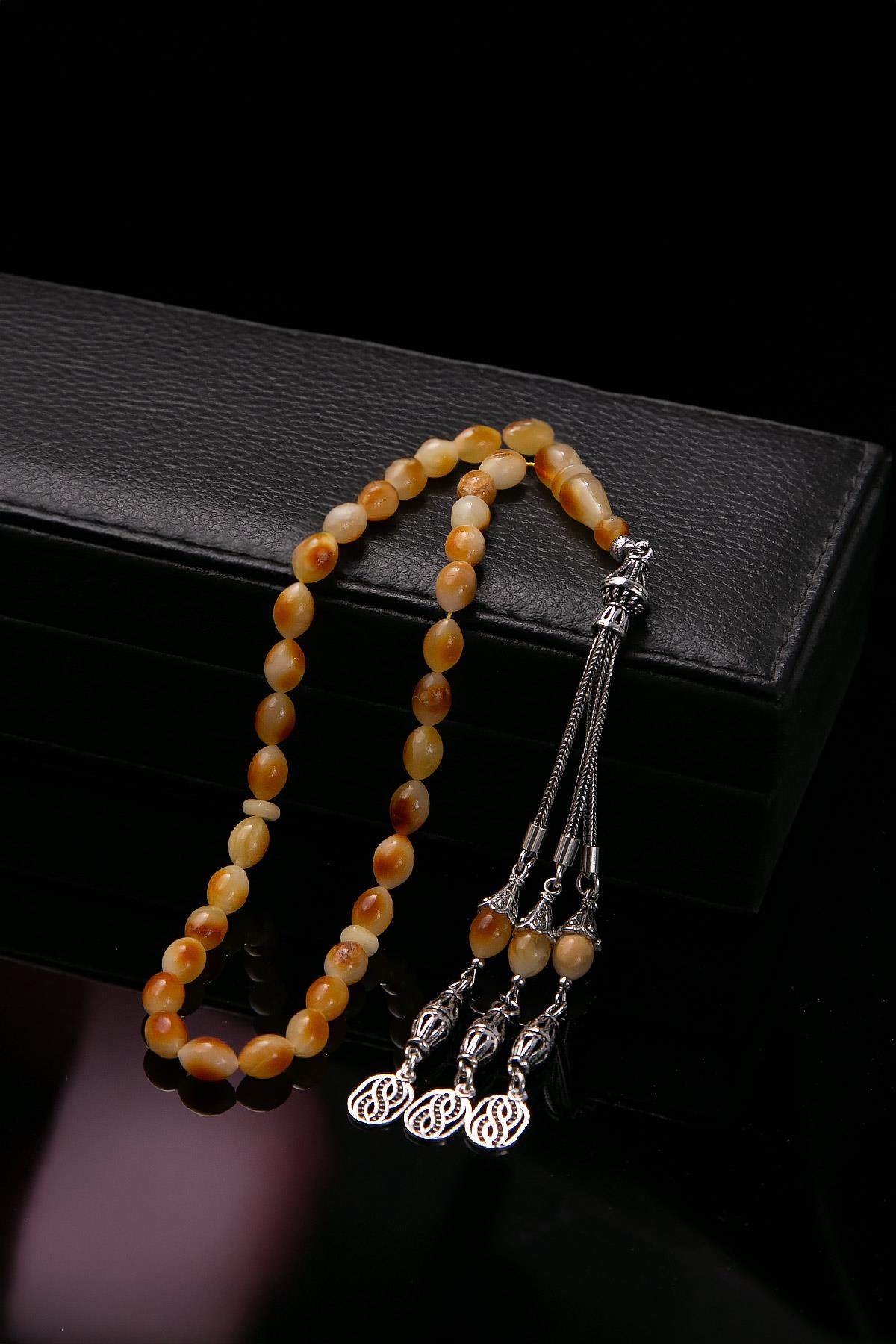 Benekli Gümüş Püsküllü Damla Kehribar Tesbih