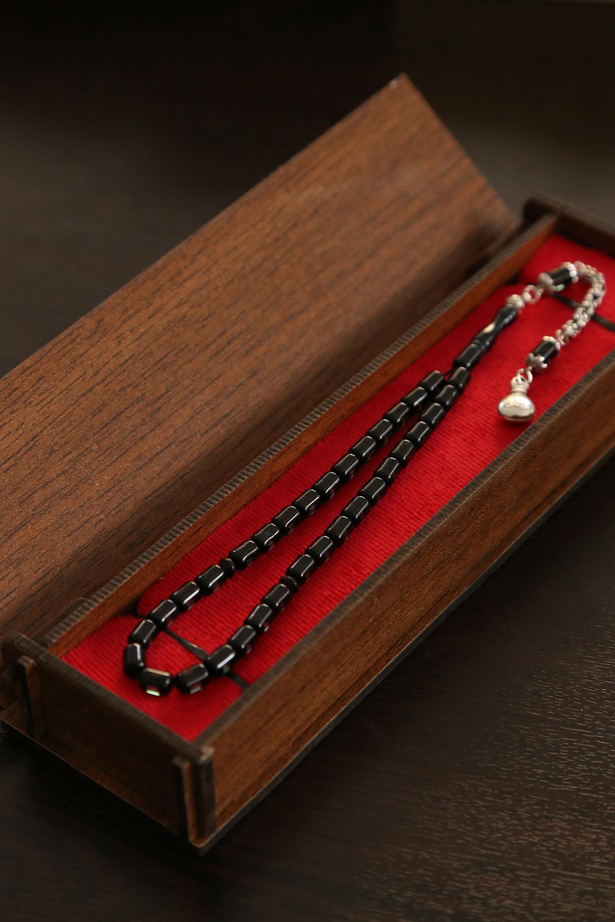 Bilek Boy Ahşap Kutulu Sürmeli Toz Kehribar Tesbih