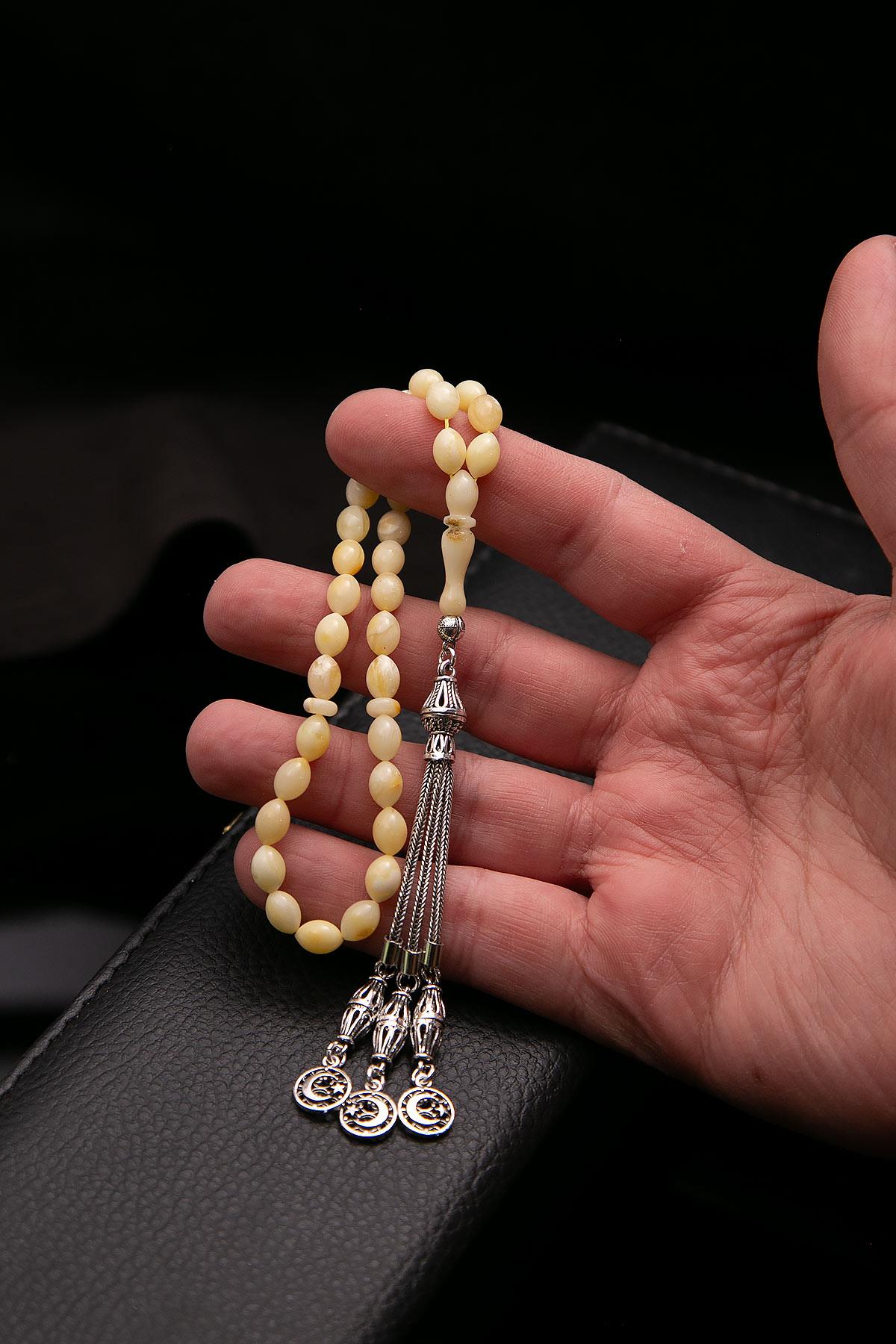 Bilek Boy Arpa Tane Gümüş Püsküllü Damla Kehribar Tesbih