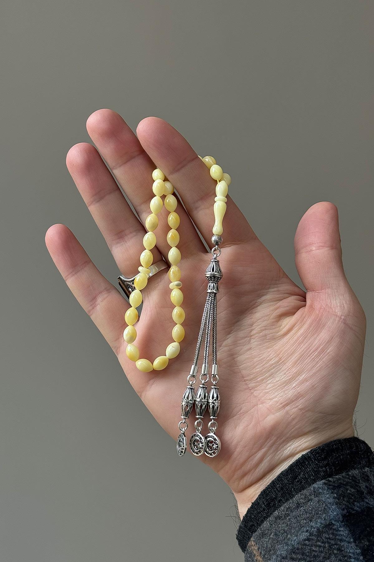 Bilek Boy Arpa Tane Gümüş Püsküllü Damla Kehribar Tesbih