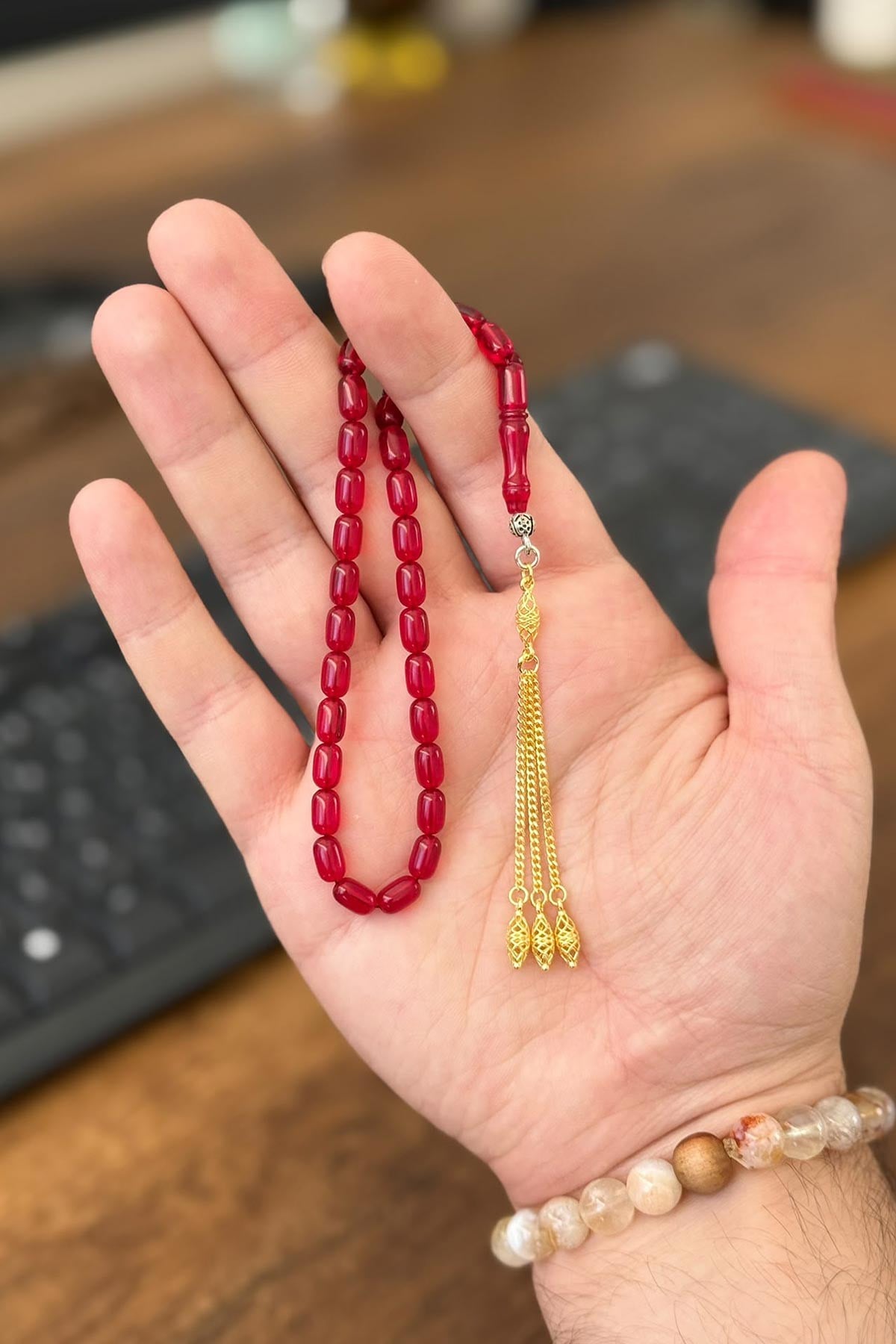 8x5 mm Kırmızı Bilek Boy Gümüş Püsküllü Ateş Kehribar