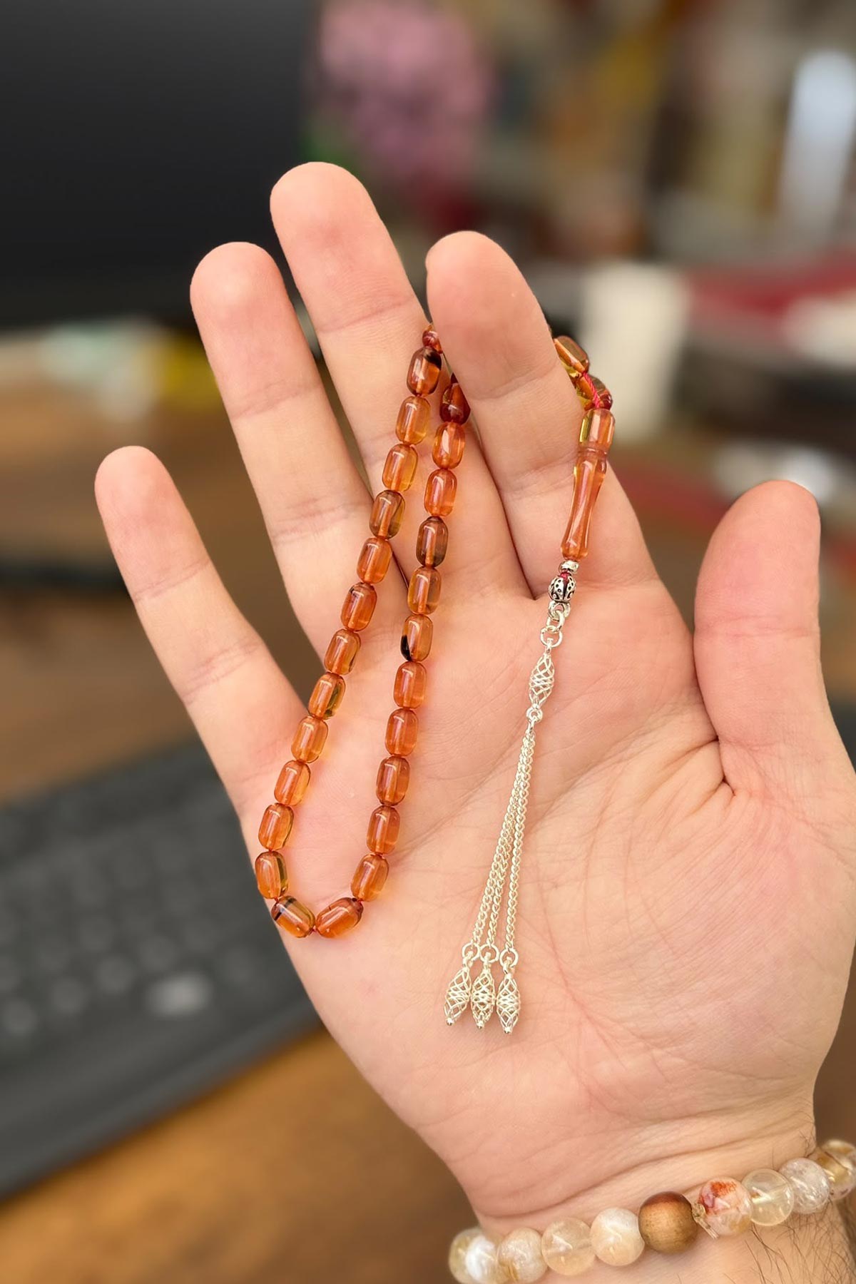 8x5 mm Turuncu Bilek Boy Gümüş Püsküllü Ateş Kehribar