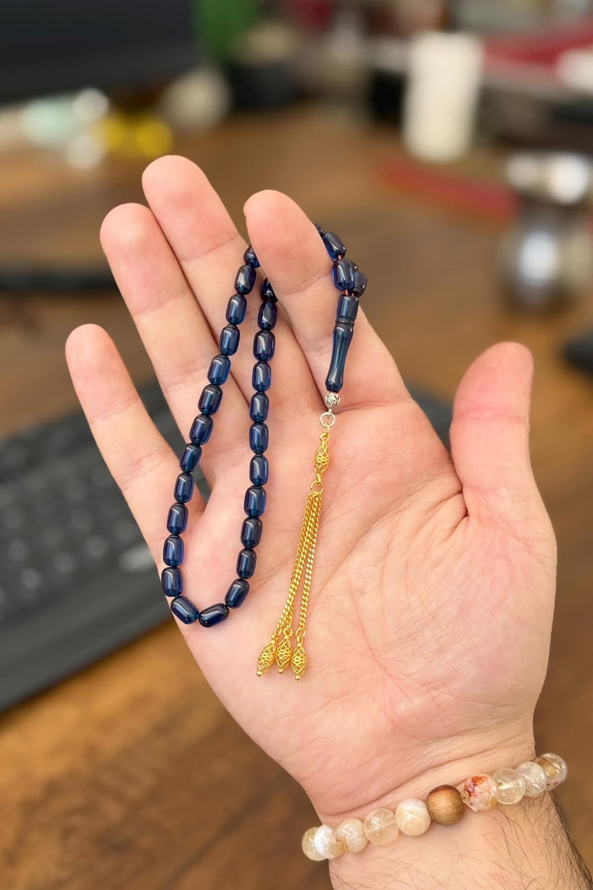 8x5 mm Mavi Bilek Boy Gümüş Püsküllü Ateş Kehribar