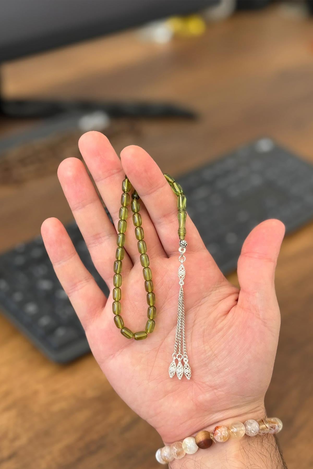 8x5 mm Bilek Boy Gümüş Püsküllü Ateş Kehribar