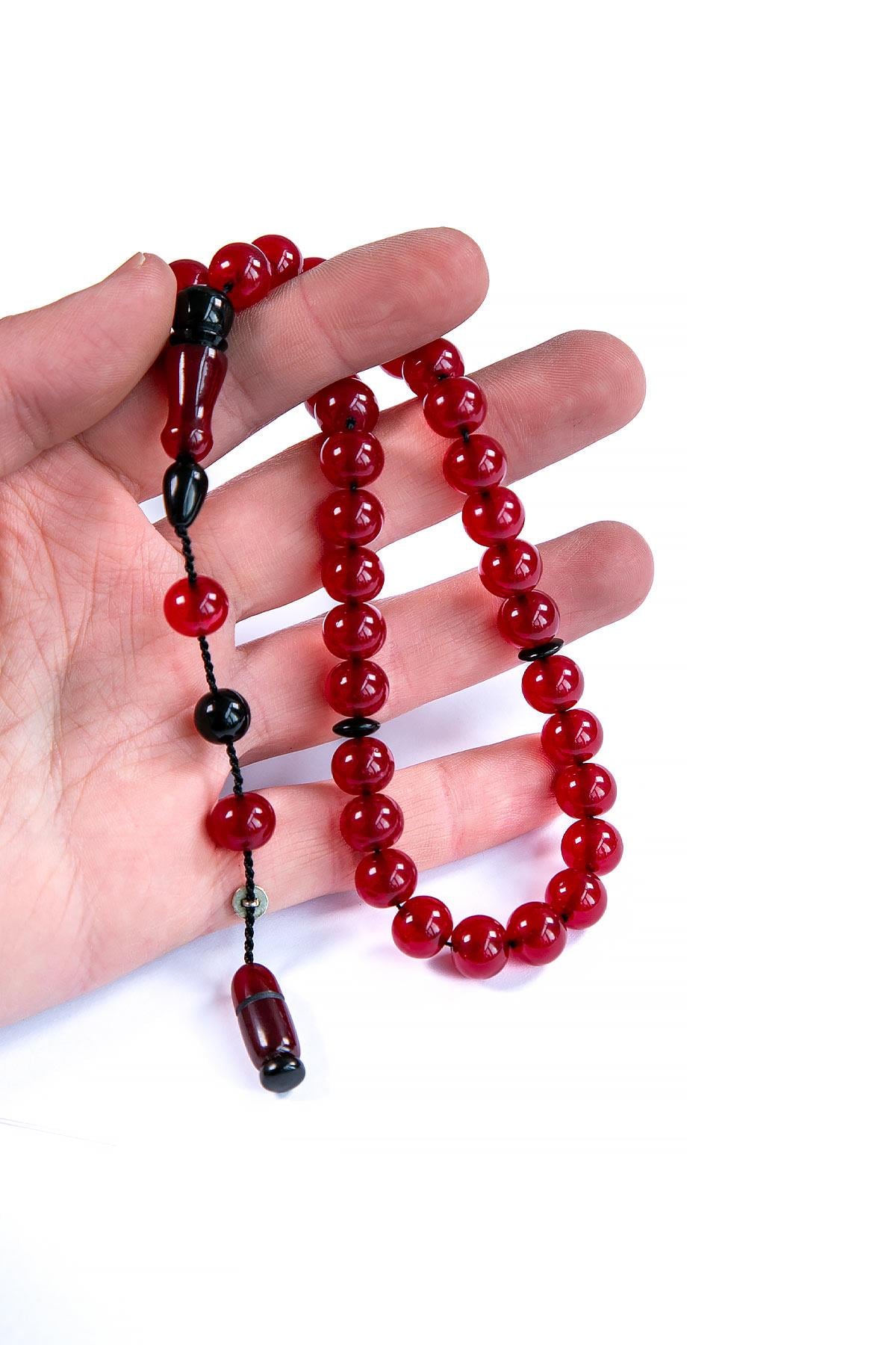 Bordo Küre Tane Şükrü Baba İmzalı Sıkma Kehribar Tesbih