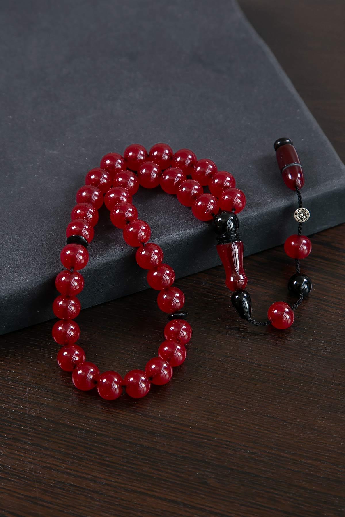 Bordo Küre Tane Şükrü Baba İmzalı Sıkma Kehribar Tesbih