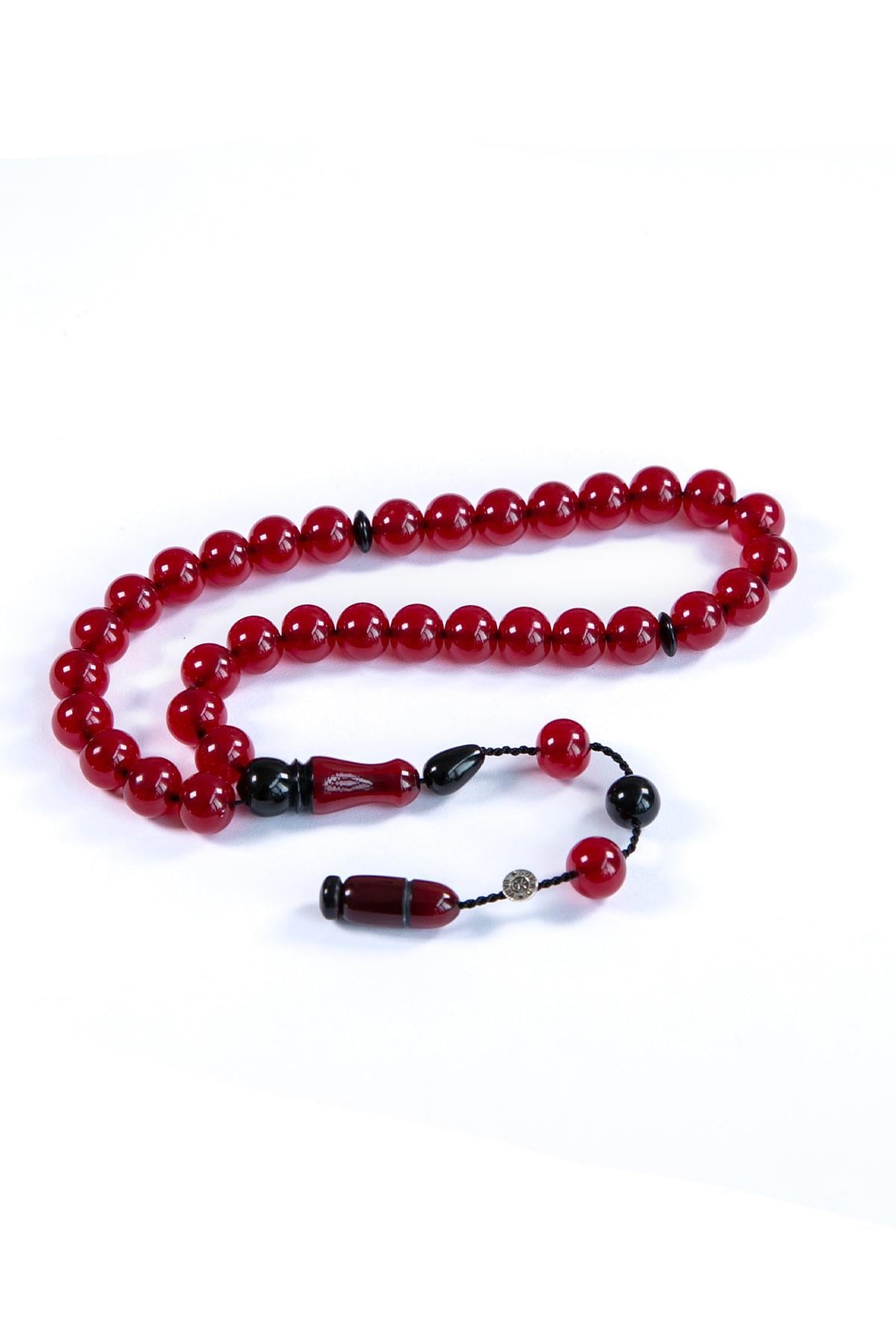 Bordo Küre Tane Şükrü Baba İmzalı Sıkma Kehribar Tesbih