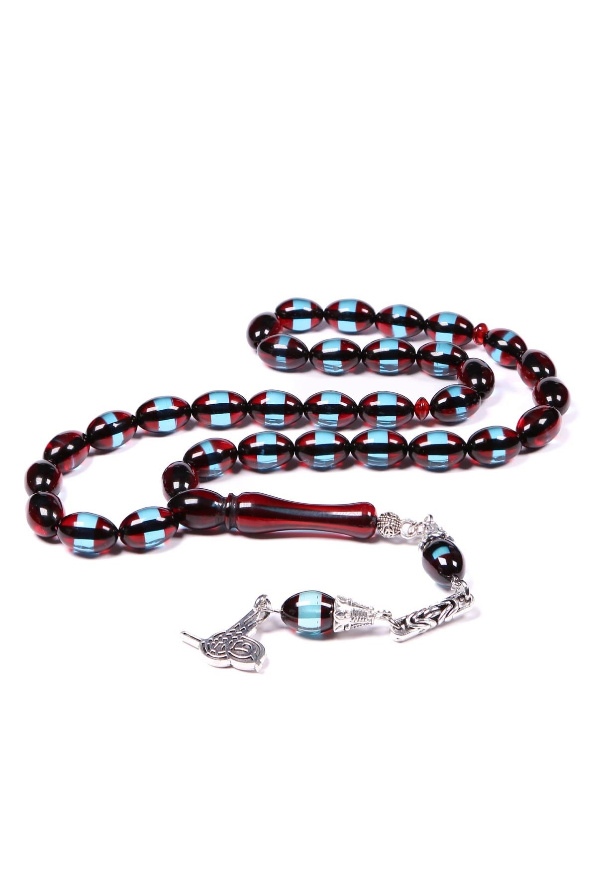 Bordo Mavi Sürmeli Toz Kehribar Tesbih 12x8 mm