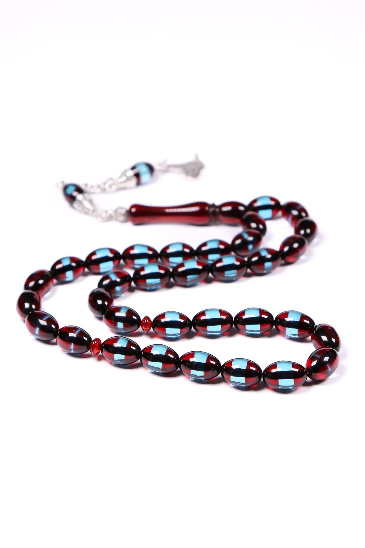 Bordo Mavi Sürmeli Toz Kehribar Tesbih 12x8 mm