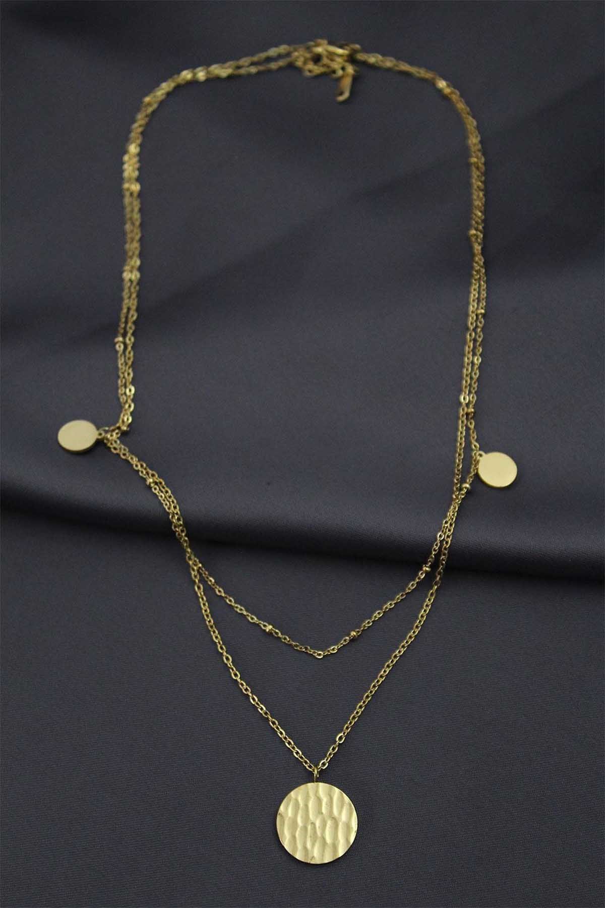 Çelik Gold Oval Model Çift Zincir  Kadın Kolye